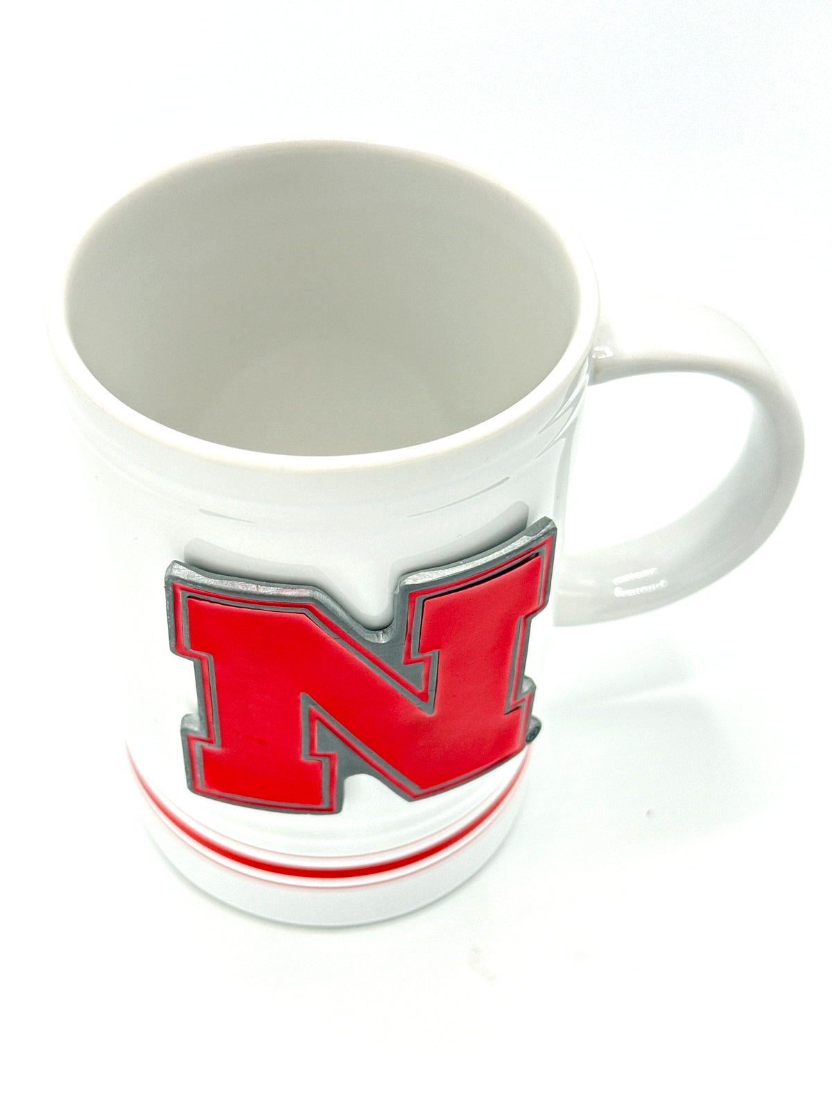 Indented Stripe Ceramic Mug with Metal Emblem Nebraska Cornhuskers