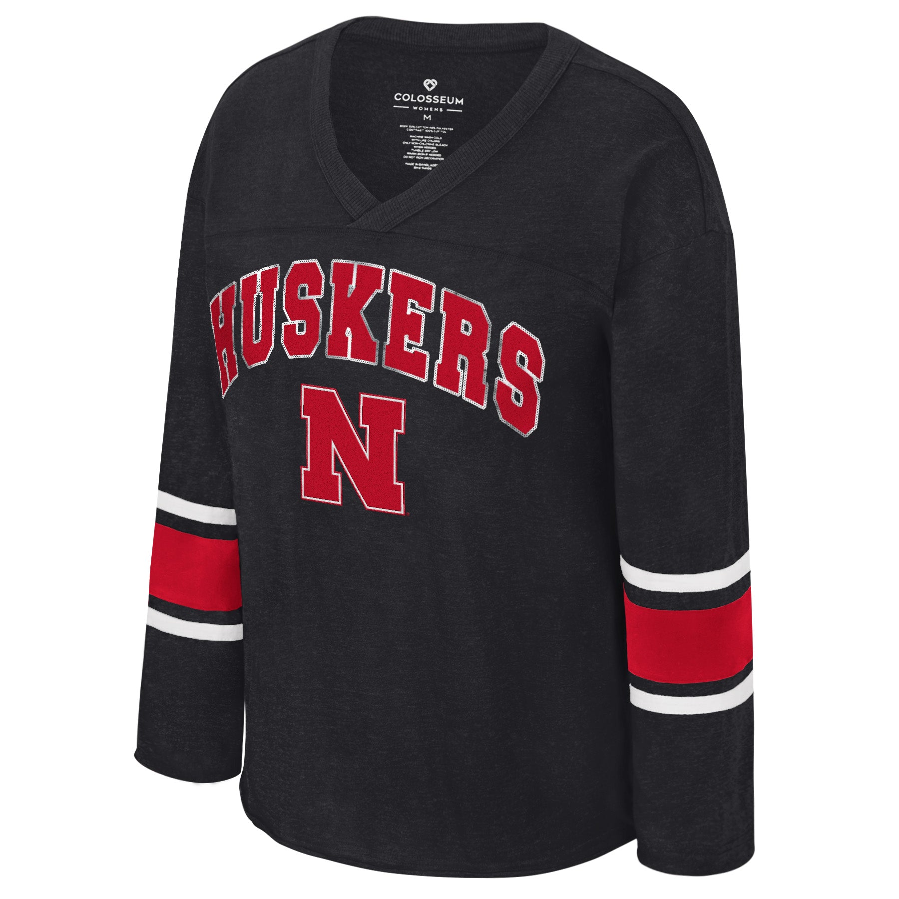 Fire! Long Sleeve Sequins Tee in Black - Nebraska Cornhuskers