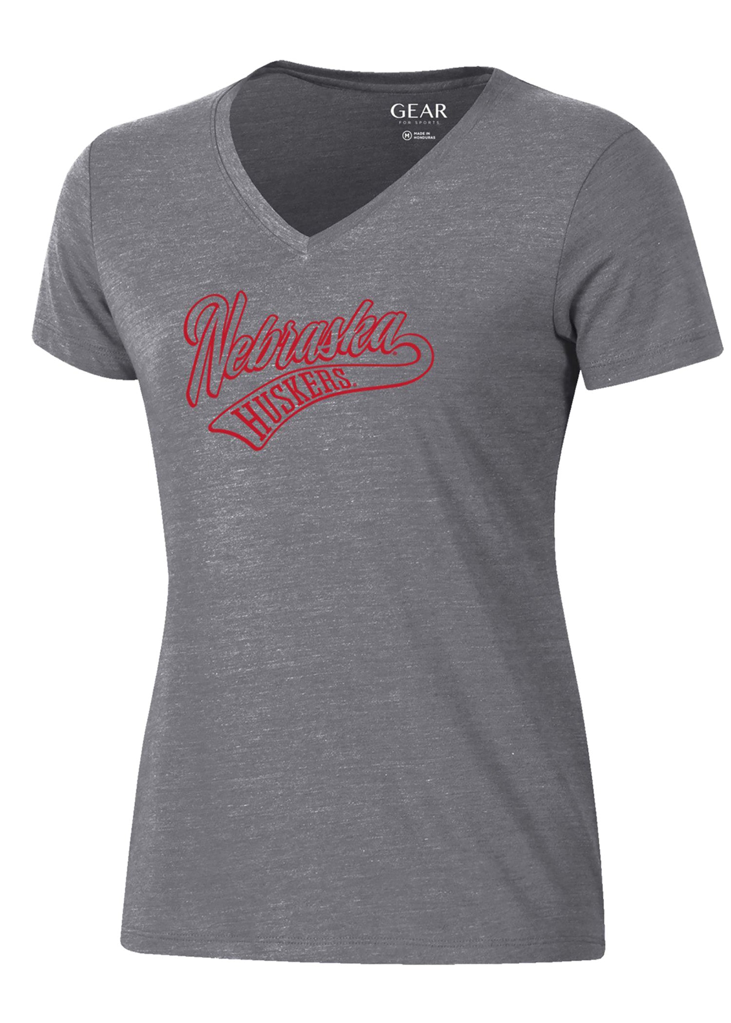 Grey Red Script Short Sleeve V-Neck Fitted Tee - Nebraska Cornhuskers