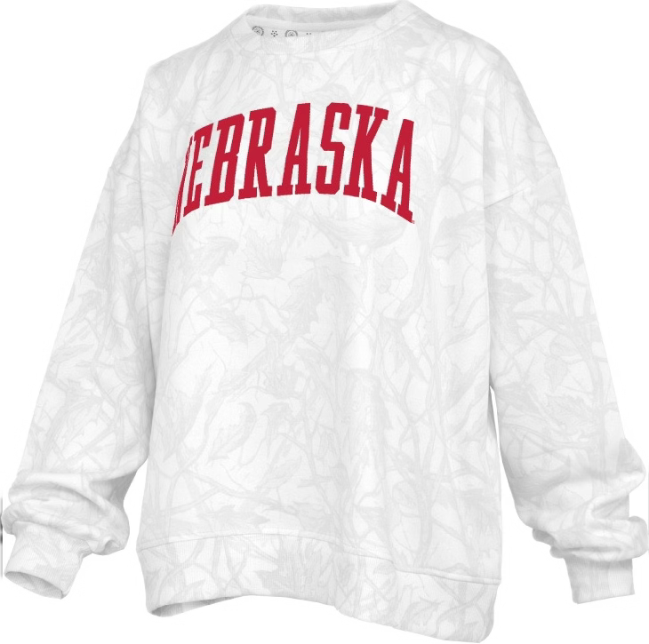 PRESSBOX NEBRASKA HUSKERS WOMENS WHITE CAMO CREWNECK
