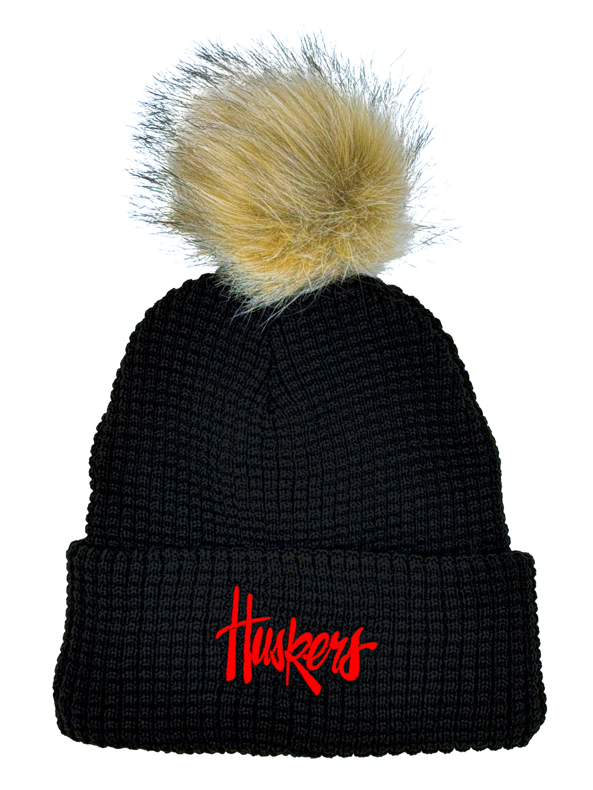 Women's Woven Black Puff Beanie Nebraska Cornhuskers