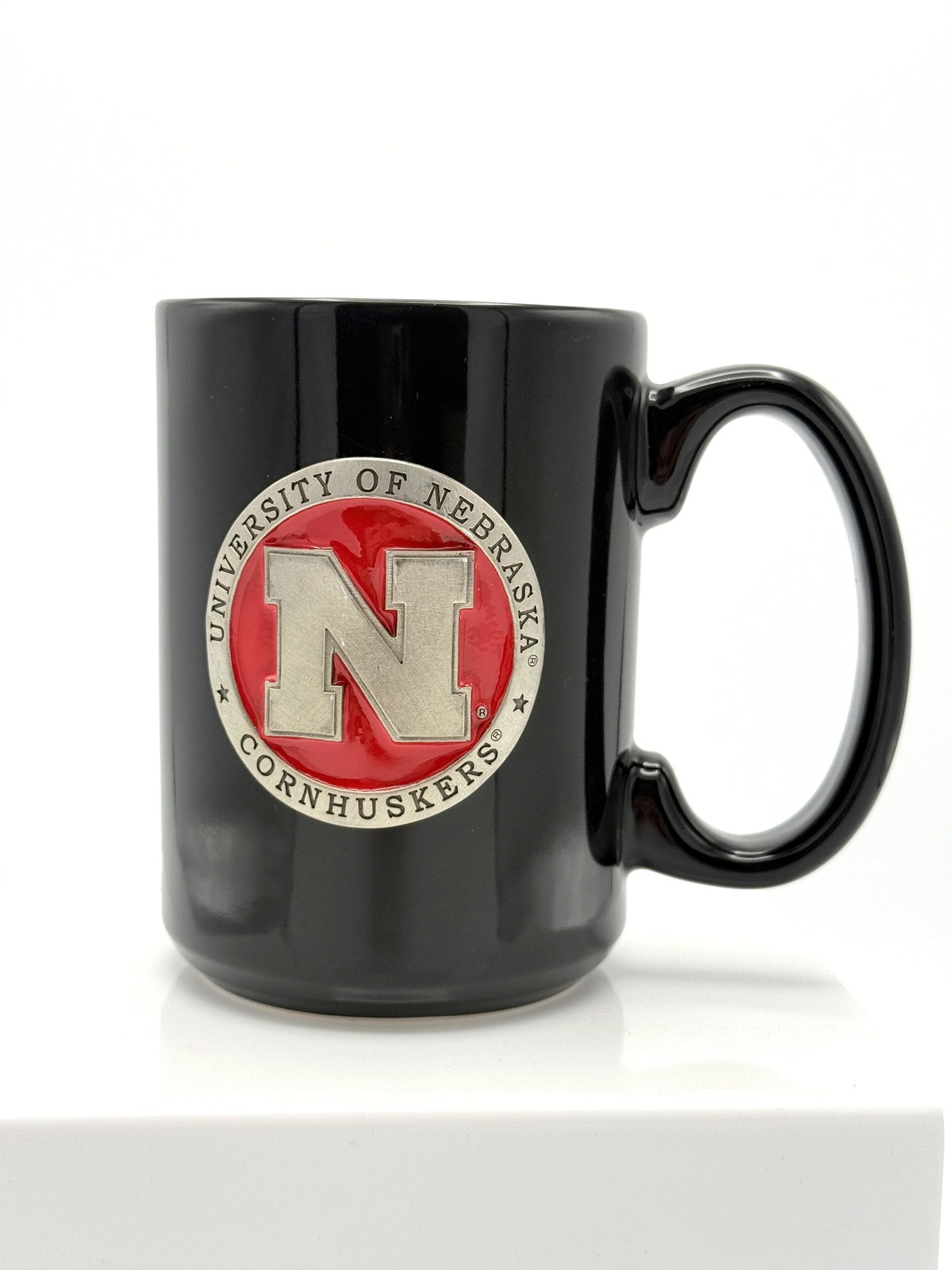 Black Ceramic Mug with Metal Emblem Nebraska Cornhuskers