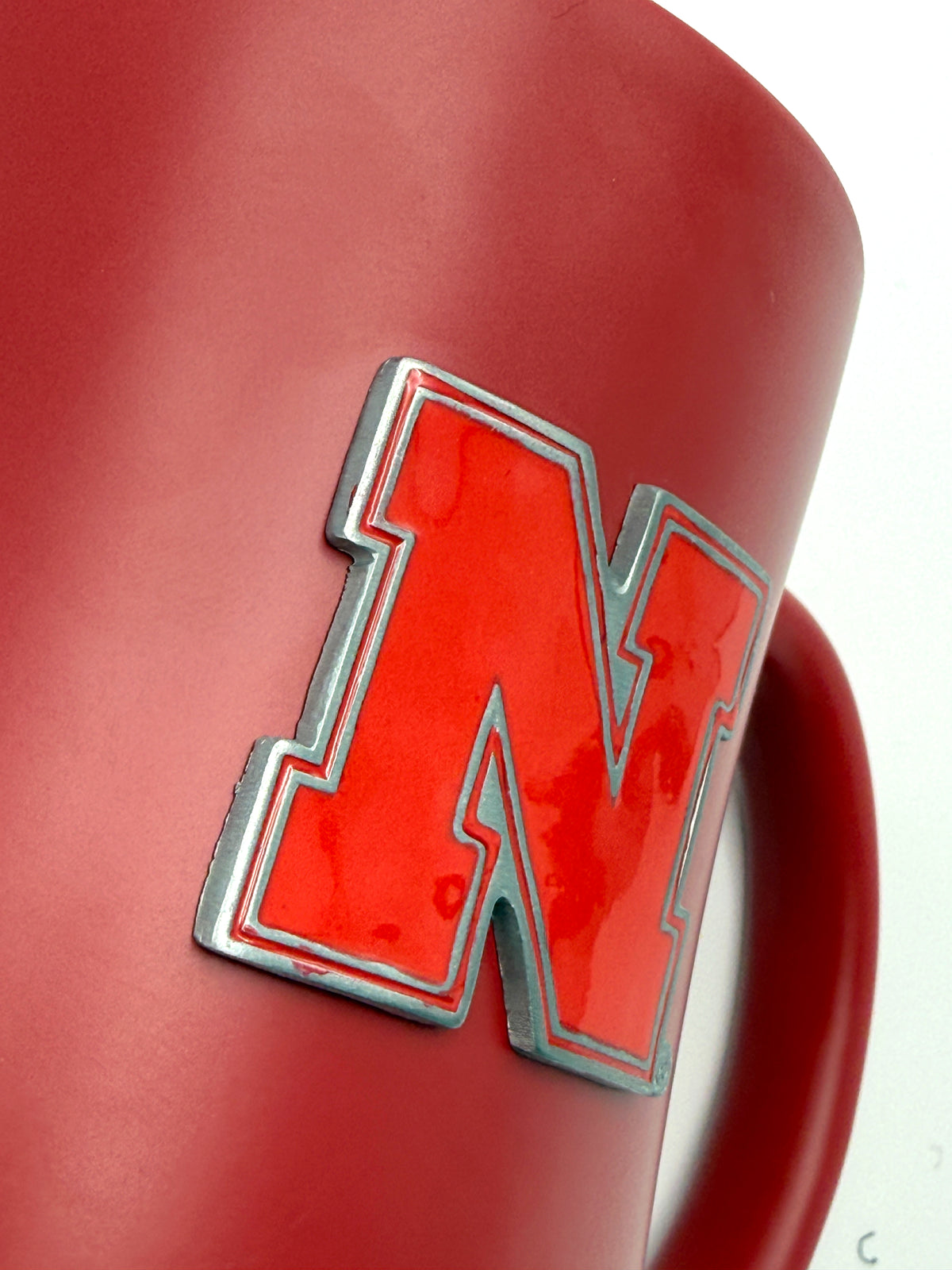 Large Handle Ceramic Mug with Metal Emblem Nebraska Cornhuskers