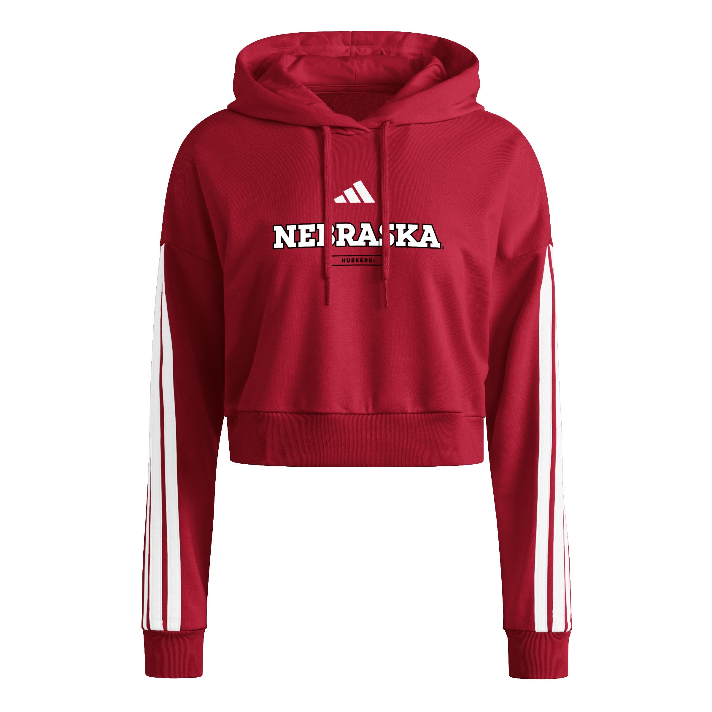 Red Adidas Women's 3-Stripe Detail French Terry Cropped Hoodie - Nebraska Cornhuskers