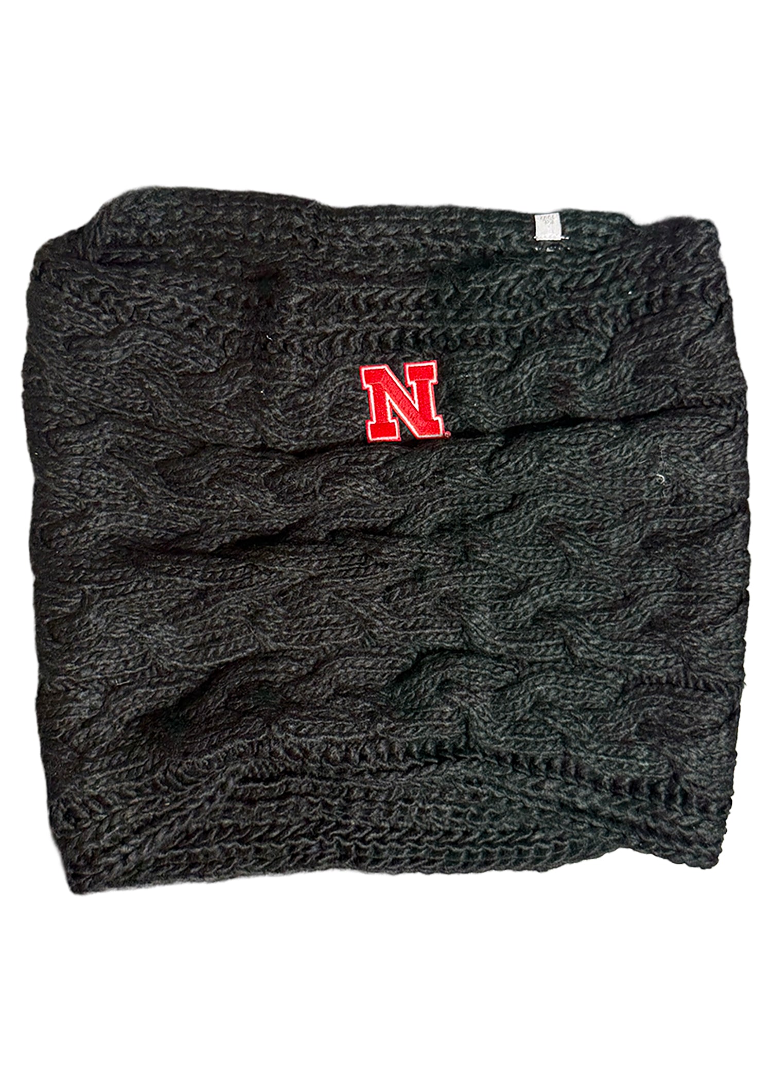 Cable-Knit Infinity Scarf – Black with Block “N”