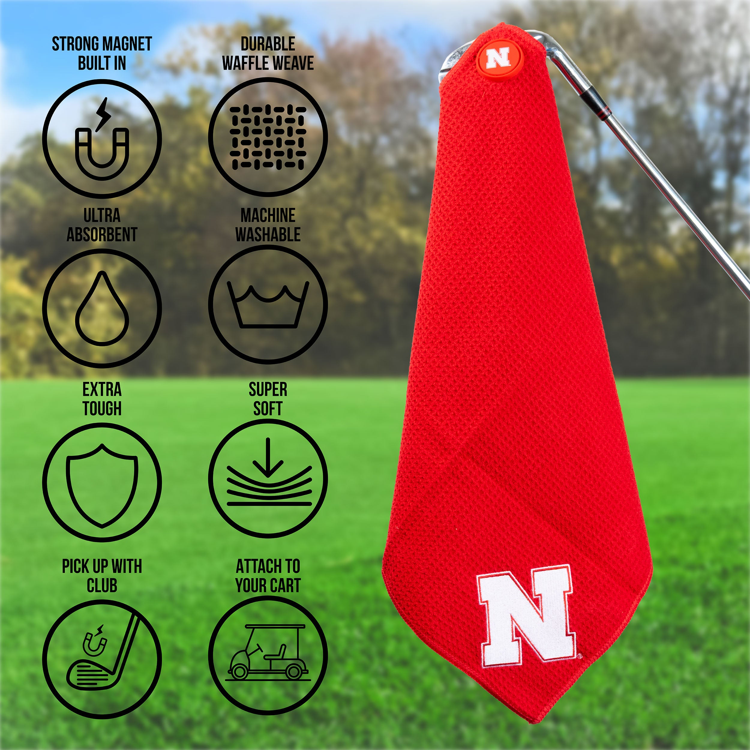 Magnetic Embroidered Microfiber Towel, Golf - Nebraska Cornhuskers