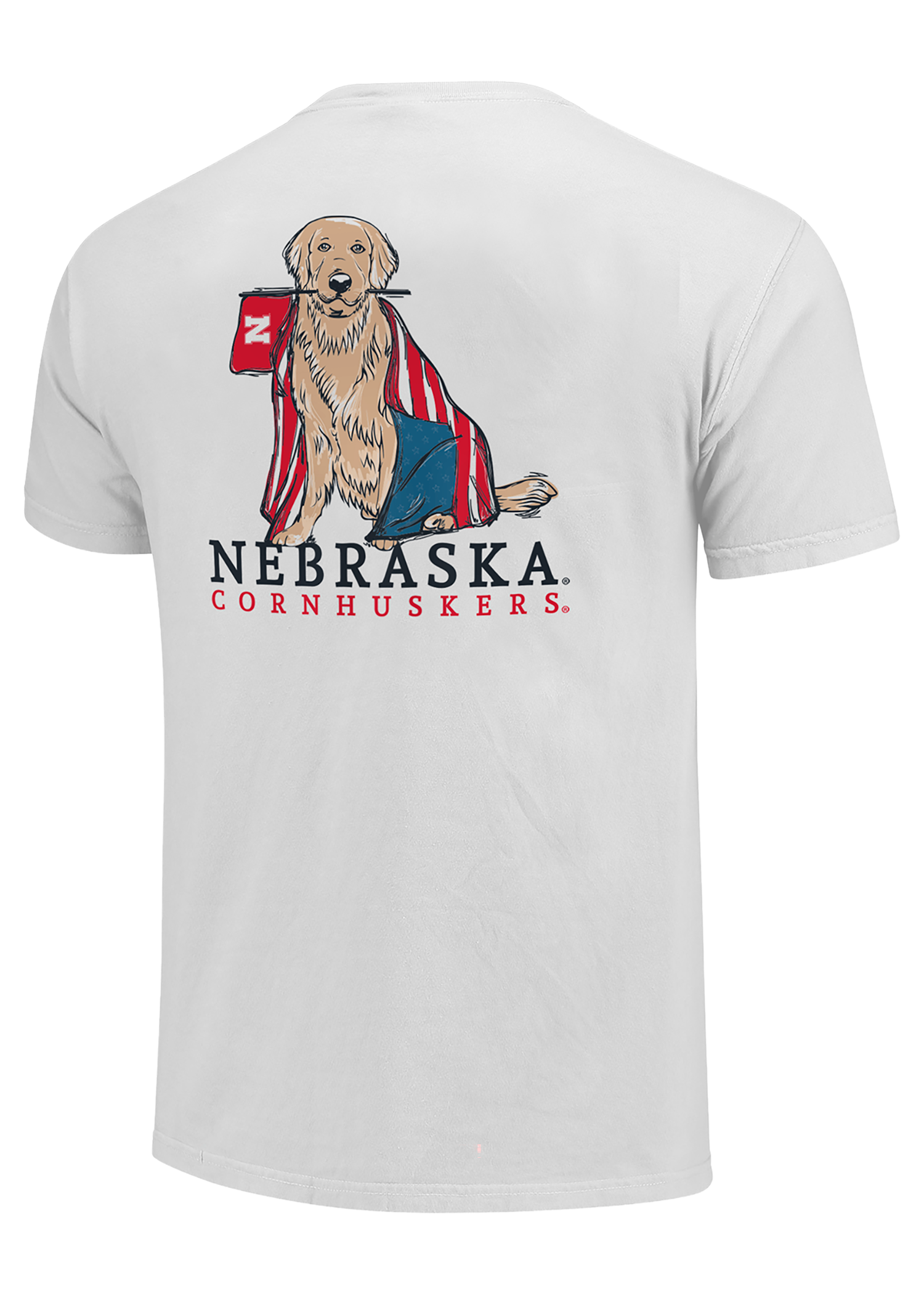 White Men’s Short Sleeve T-Shirt – Nebraska N Chest, Golden Retriever Back