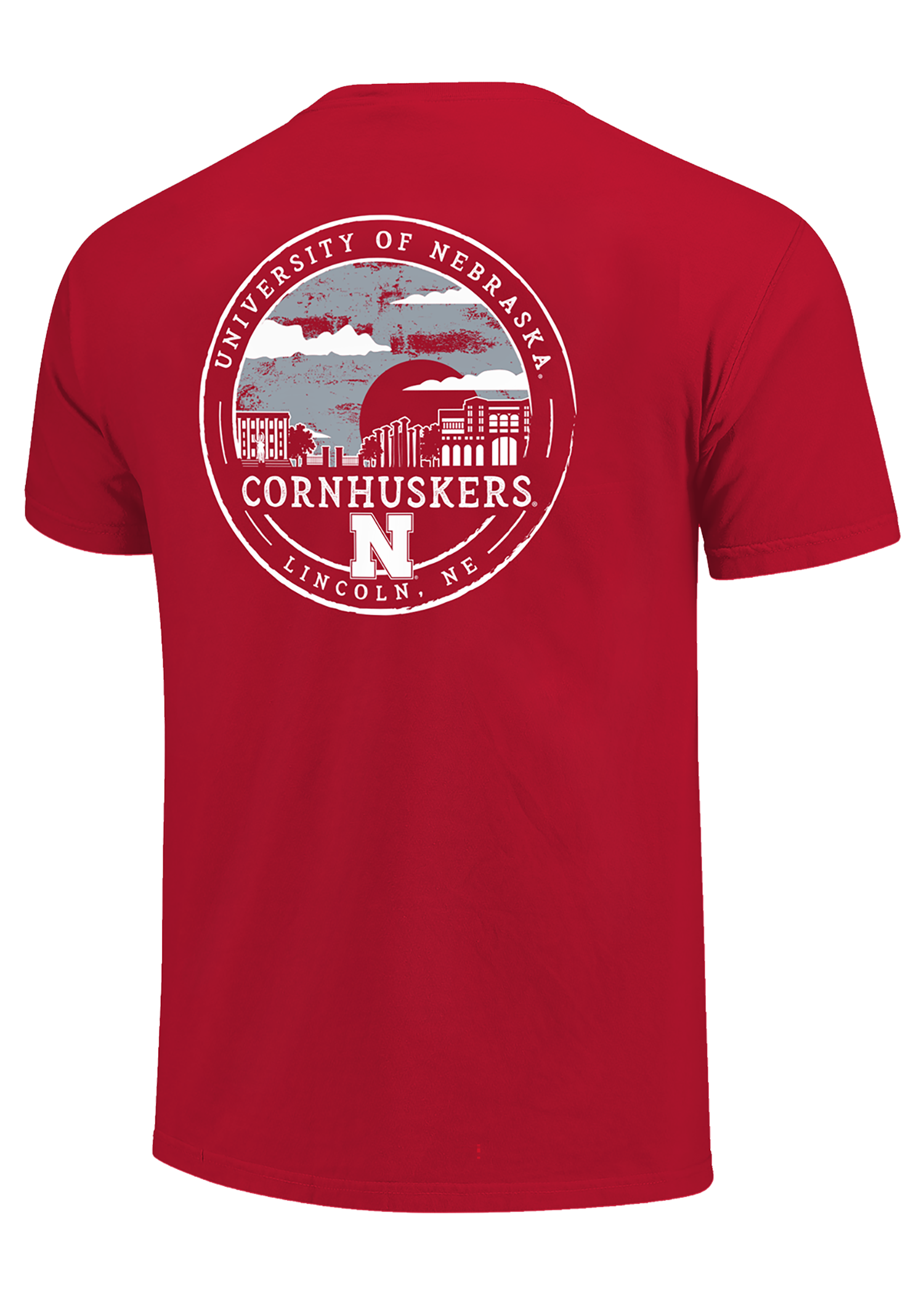Red Men’s Short Sleeve Pocket T-Shirt – Nebraska N Chest, Campus Skyline Back