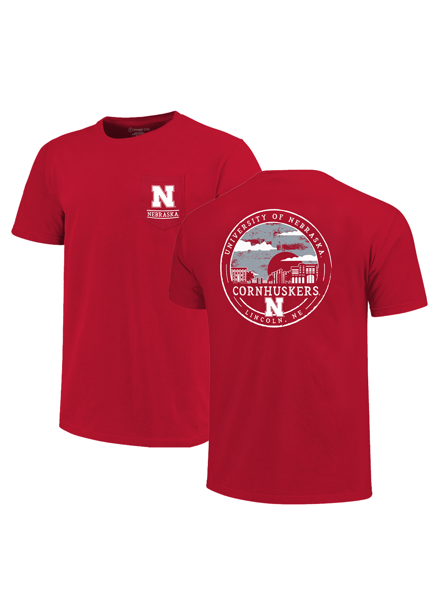 Red Men’s Short Sleeve Pocket T-Shirt – Nebraska N Chest, Campus Skyline Back