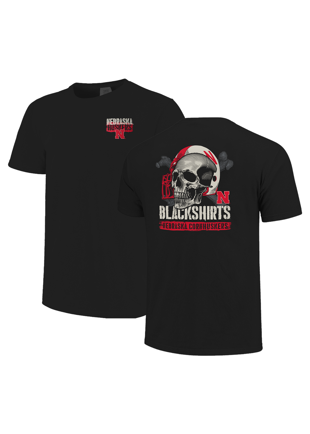 Black Men’s Short Sleeve T-Shirt – Nebraska Huskers N Chest, Skull Blackshirts Back