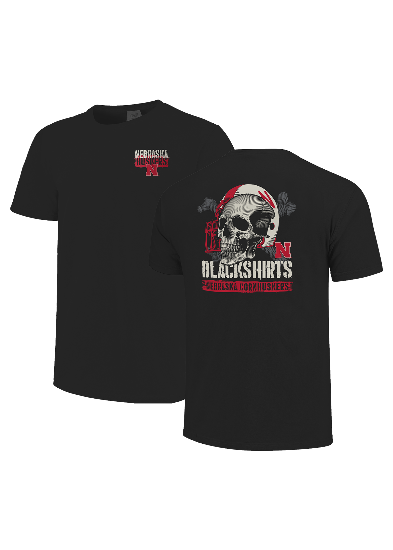 Black Men’s Short Sleeve T-Shirt – Nebraska Huskers N Chest, Skull Blackshirts Back
