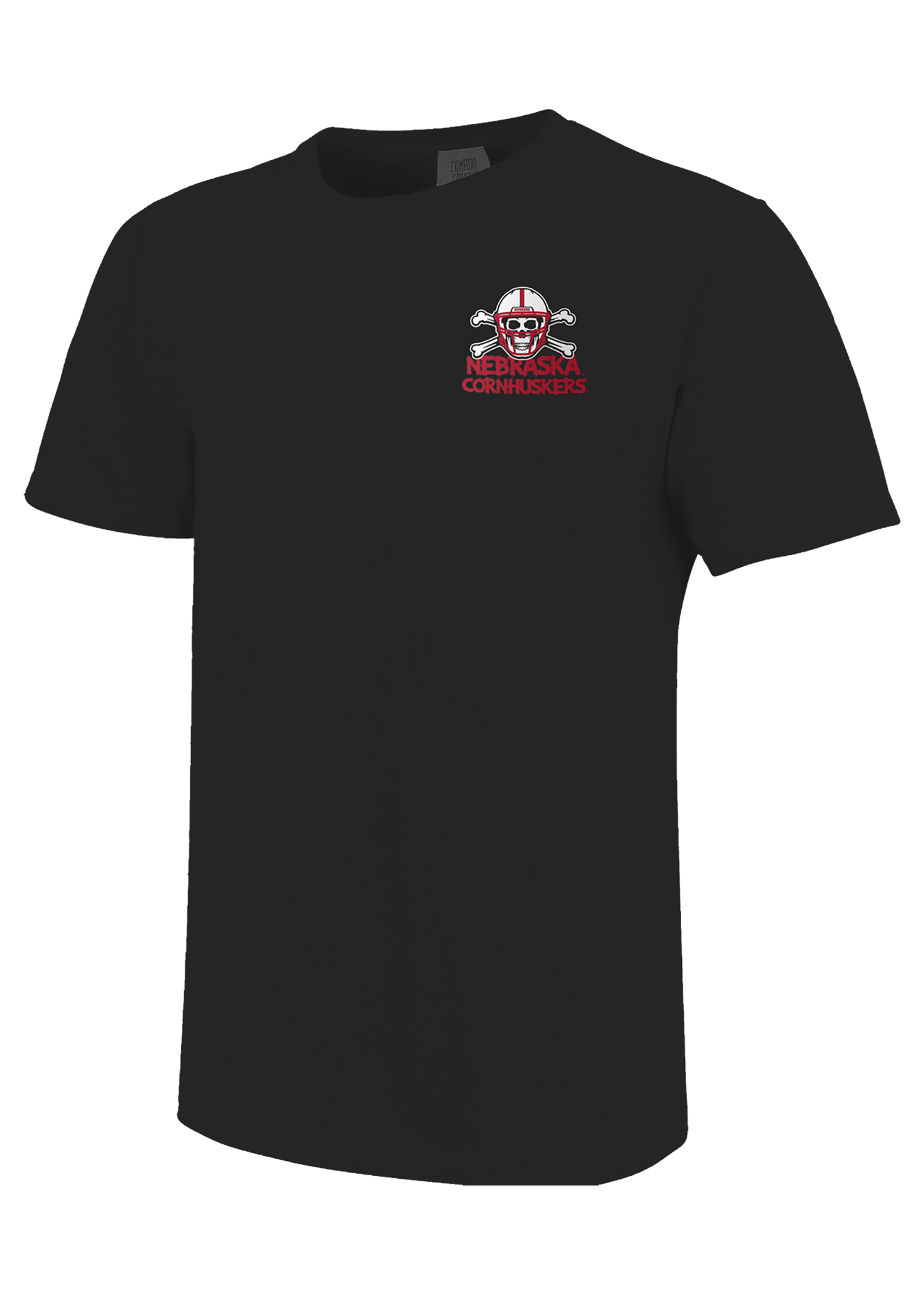 Black Men’s Short Sleeve T-Shirt – Skull Helmet Chest, Throw The Bones Back