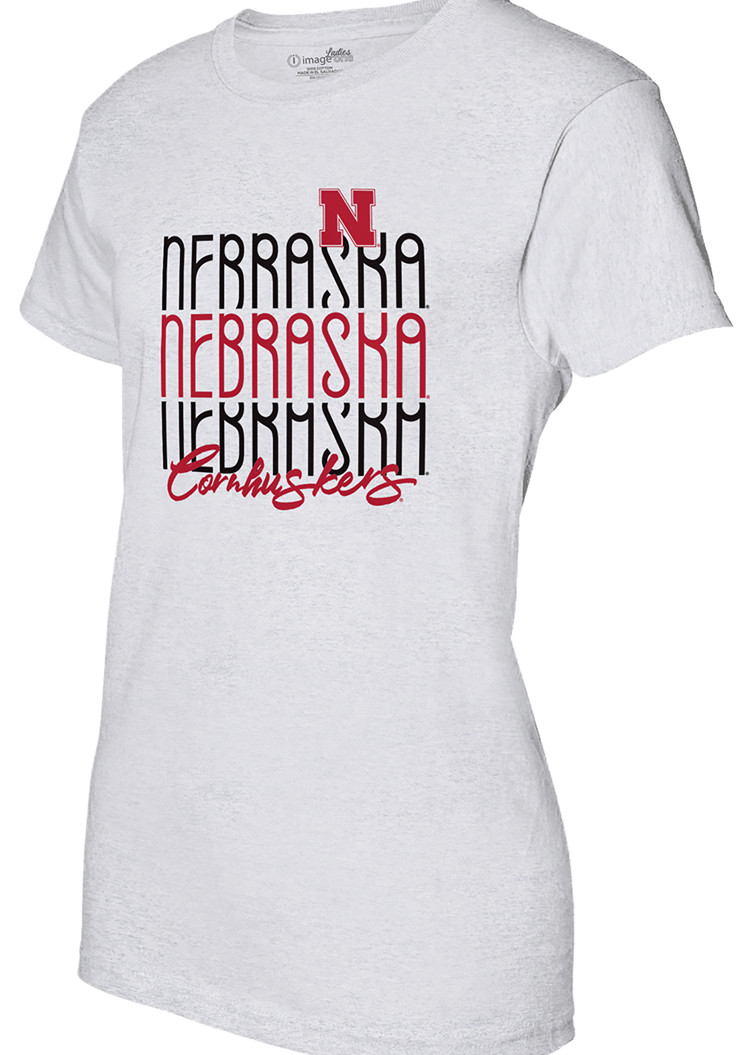 Women’s Heather Grey Short Sleeve T-Shirt – Stacked Nebraska Script Design
