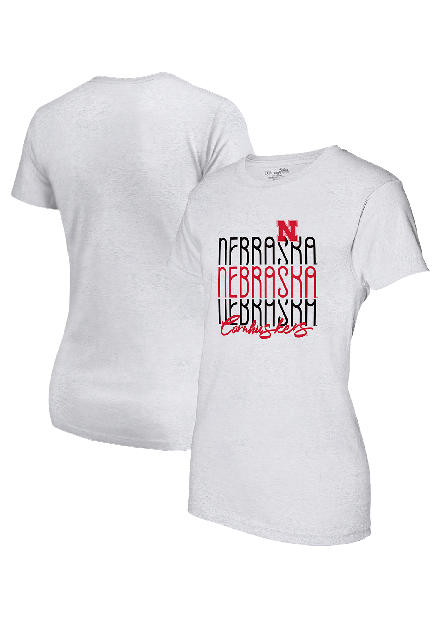 Women’s Heather Grey Short Sleeve T-Shirt – Stacked Nebraska Script Design