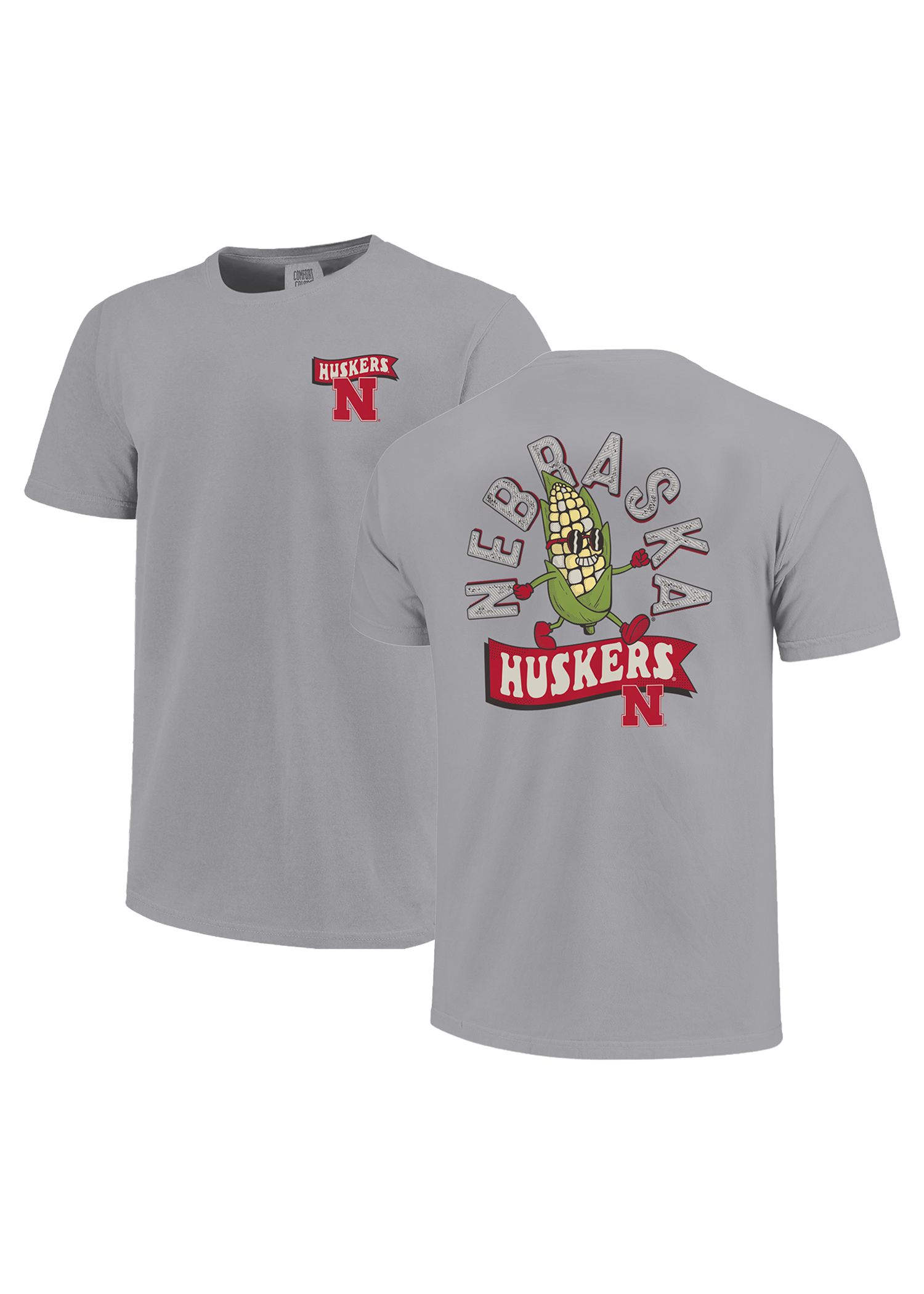 Gray Youth Short Sleeve T-Shirt – Huskers N Chest, Corn Mascot Back