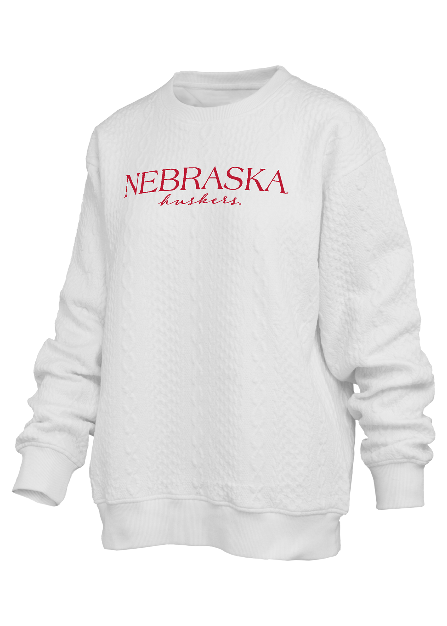 White Cable Knit Nebraska Crewneck