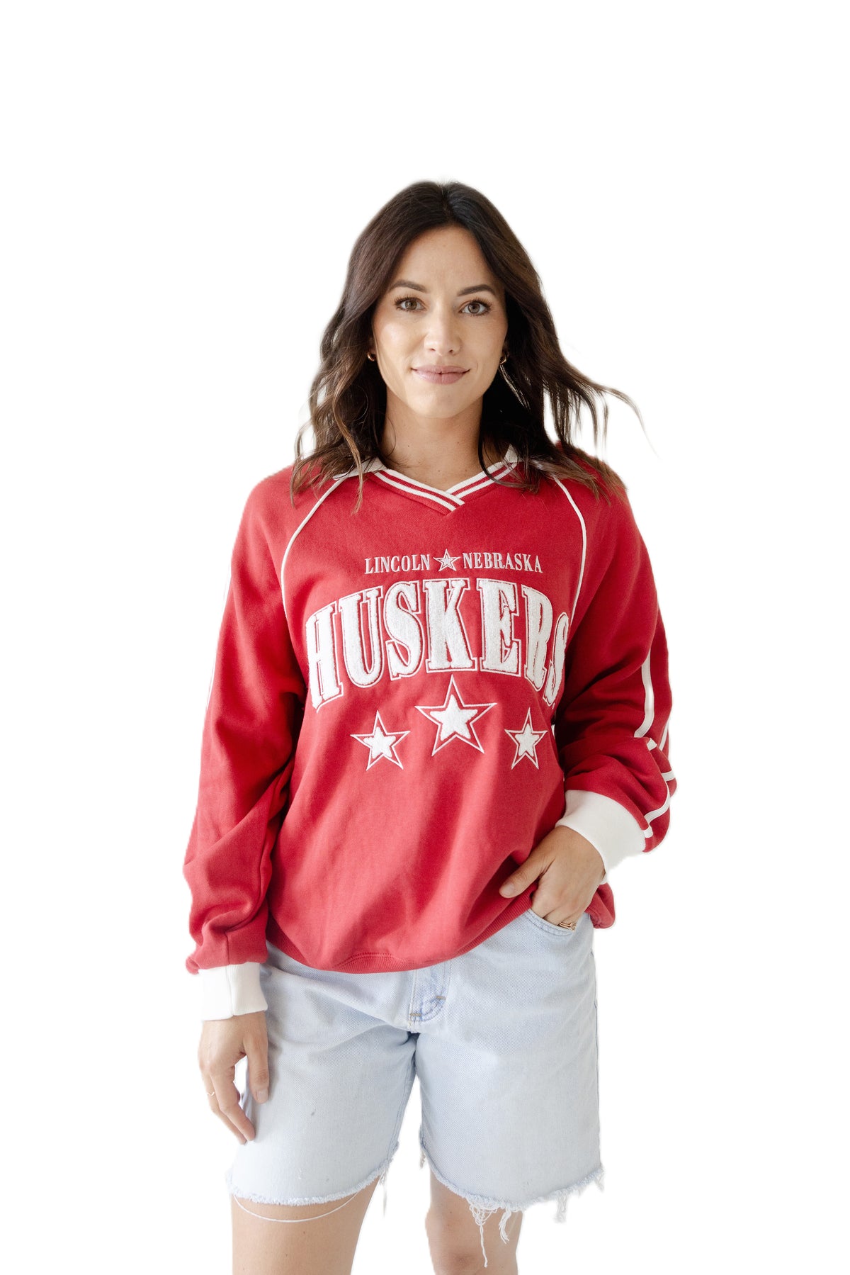 Sunday Slate Striped Collar Fleece Crew - Nebraska Cornhuskers