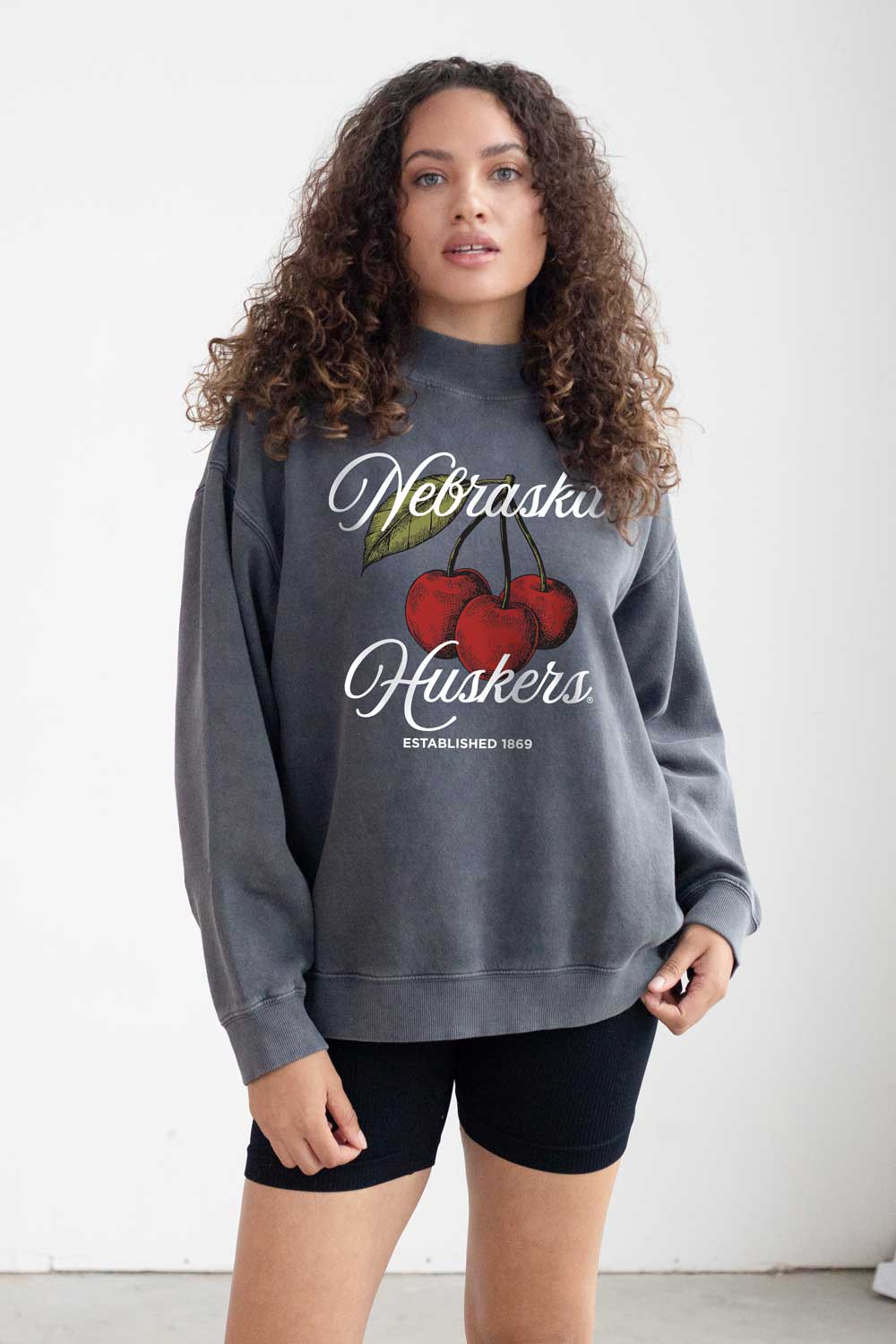 Nantucket Mock-Neck, Cherries on Smoky Grey - Nebraska Cornhuskers