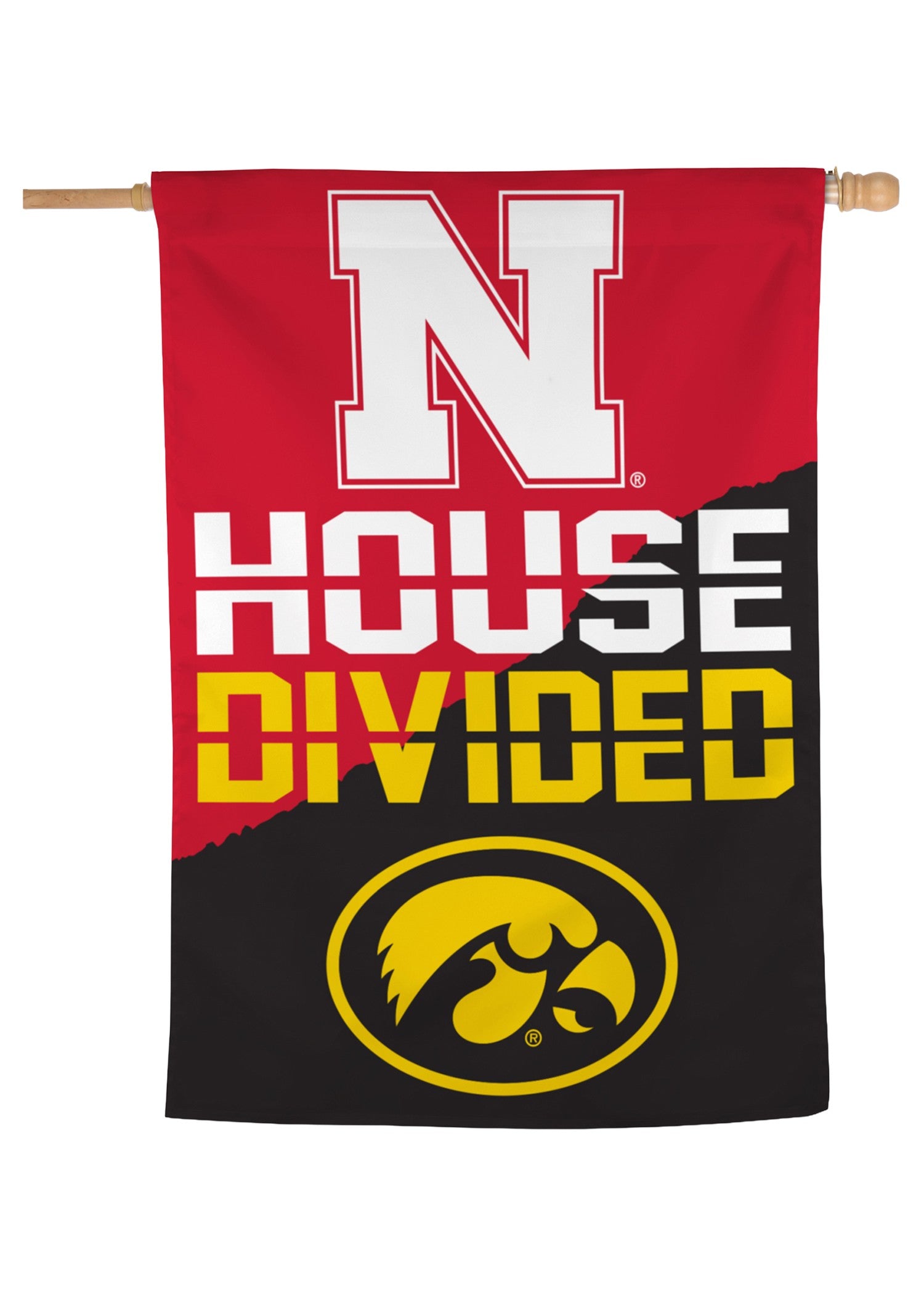 Nebraska Iowa House Divided - Vertical Flag Single Sided Silk Screened 28in x 40in Nebraska Cornhuskers
