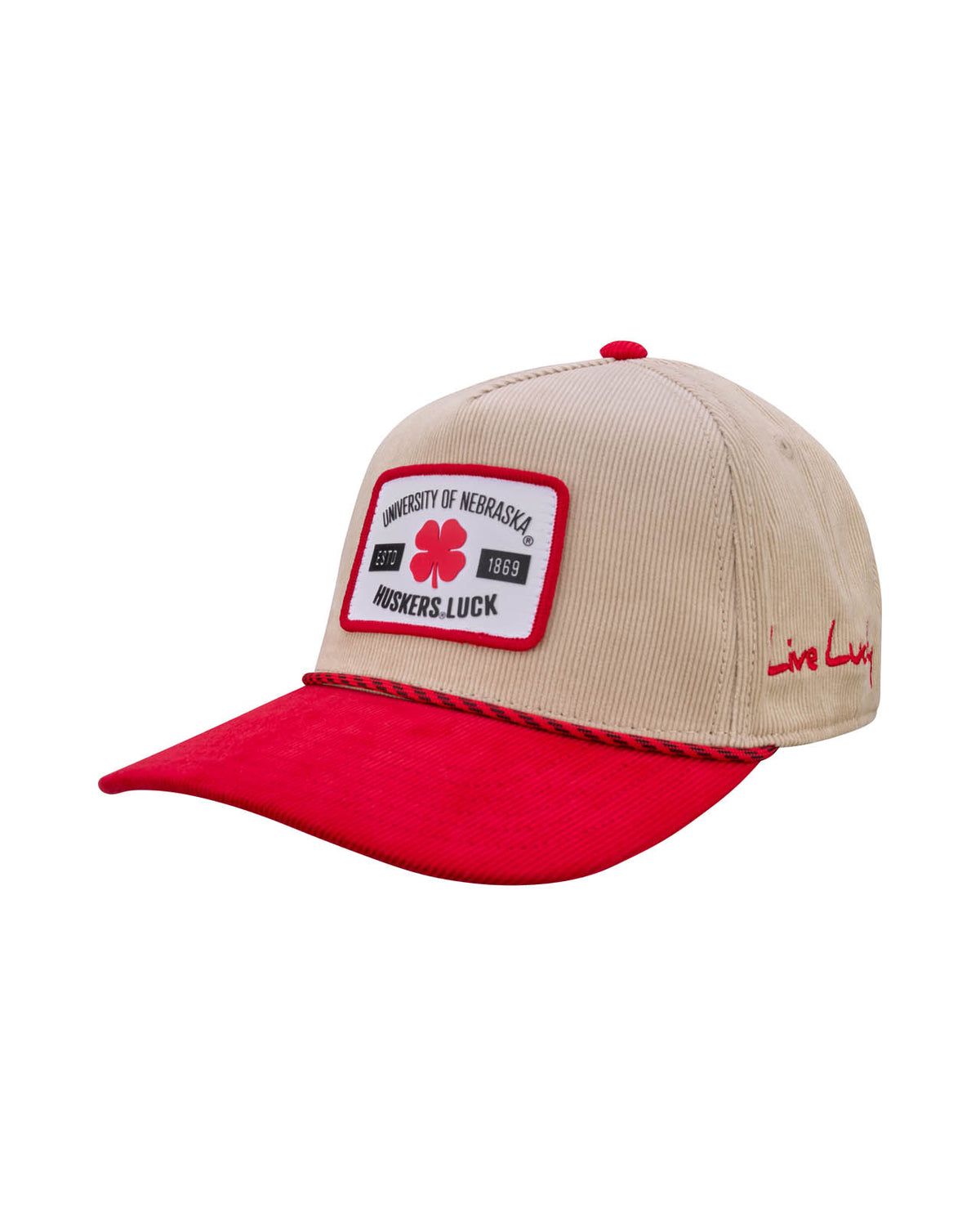 Black Clover Nebraska Legacy Rope Corduroy Hat in Tan and Red, Pre-Curved Bill, Snapback - Nebraska Cornhuskers