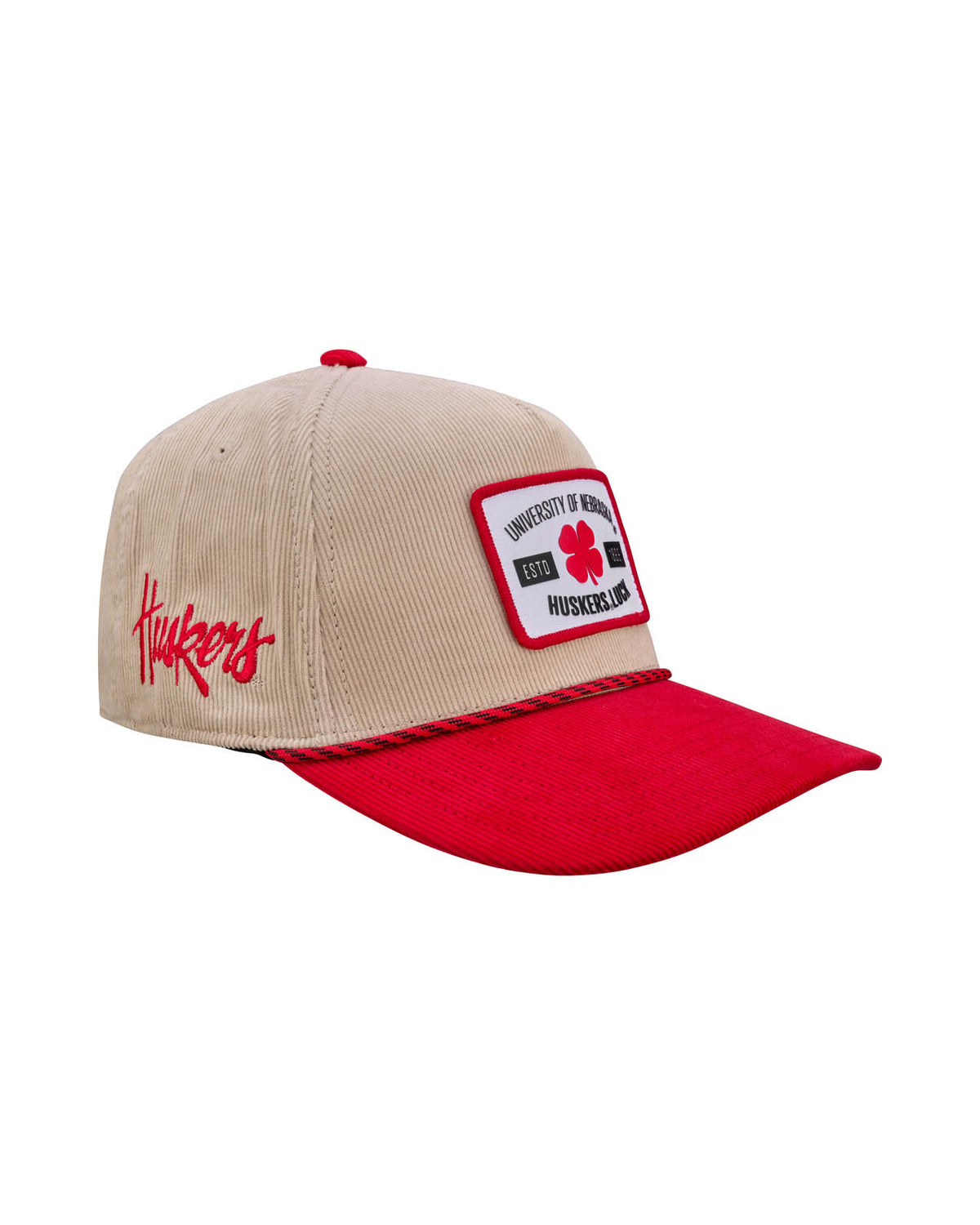 Black Clover Nebraska Legacy Rope Corduroy Hat in Tan and Red, Pre-Curved Bill, Snapback - Nebraska Cornhuskers