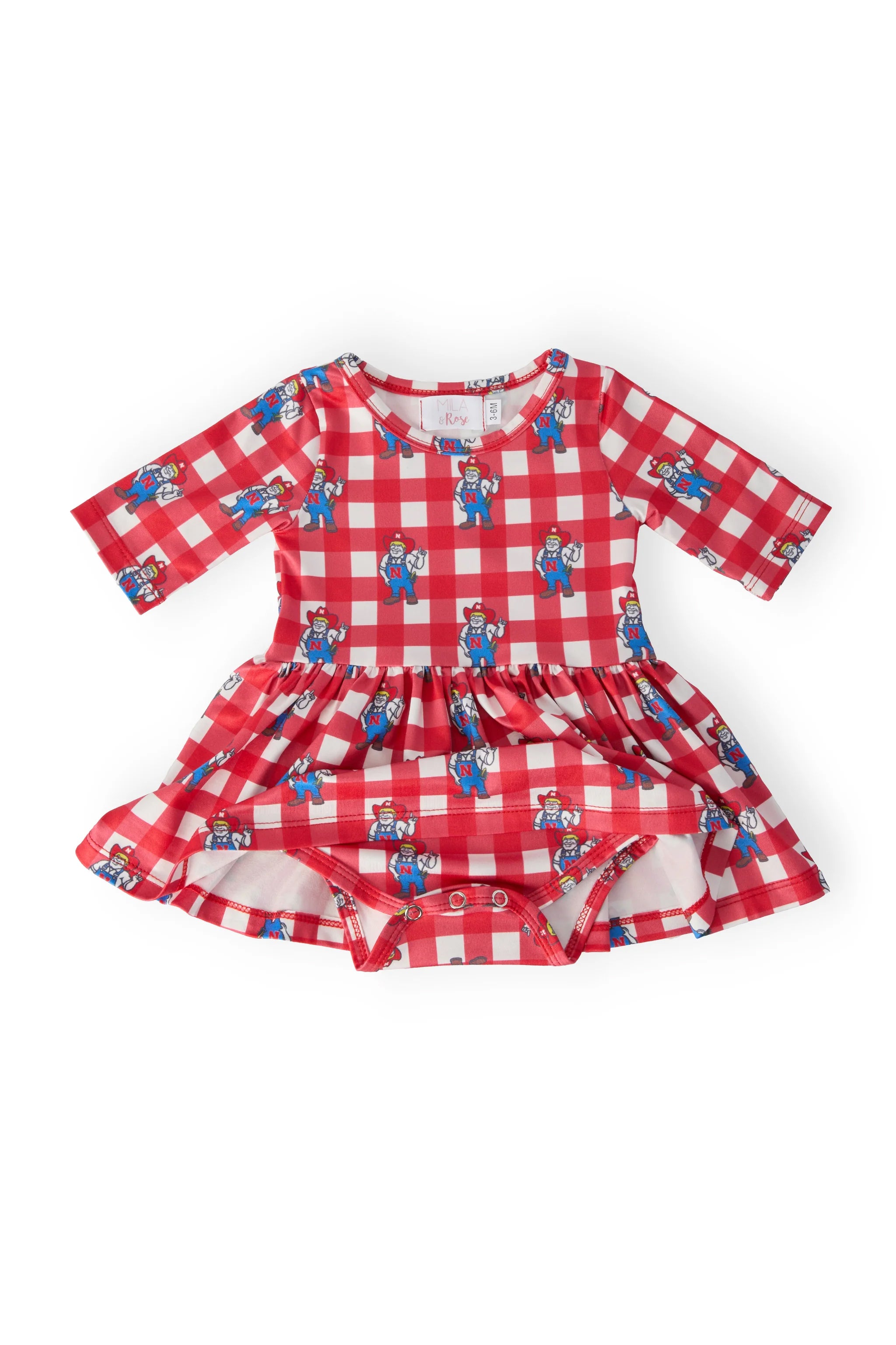 Nebraska Plaid Herbie Husker 3/4 Sleeve Twirl Bodysuit, Infant - Nebraska Cornhuskers