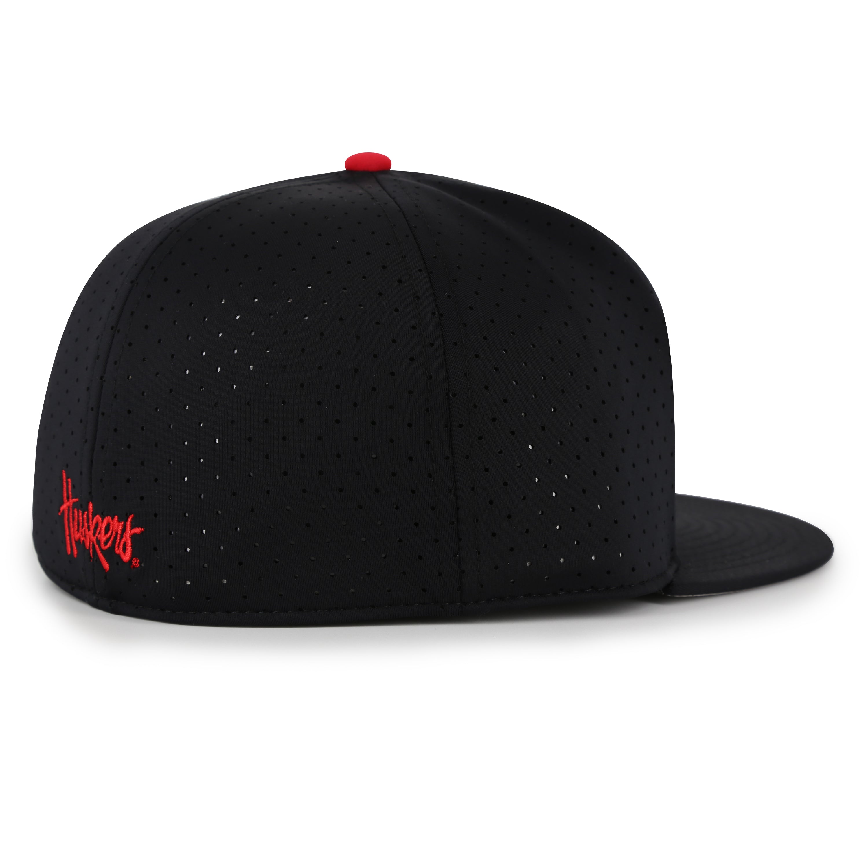 Perforated Perfect Game Herbie in Black Fitted Hat, Flat Bill, Fitted - Nebraska Cornhuskers