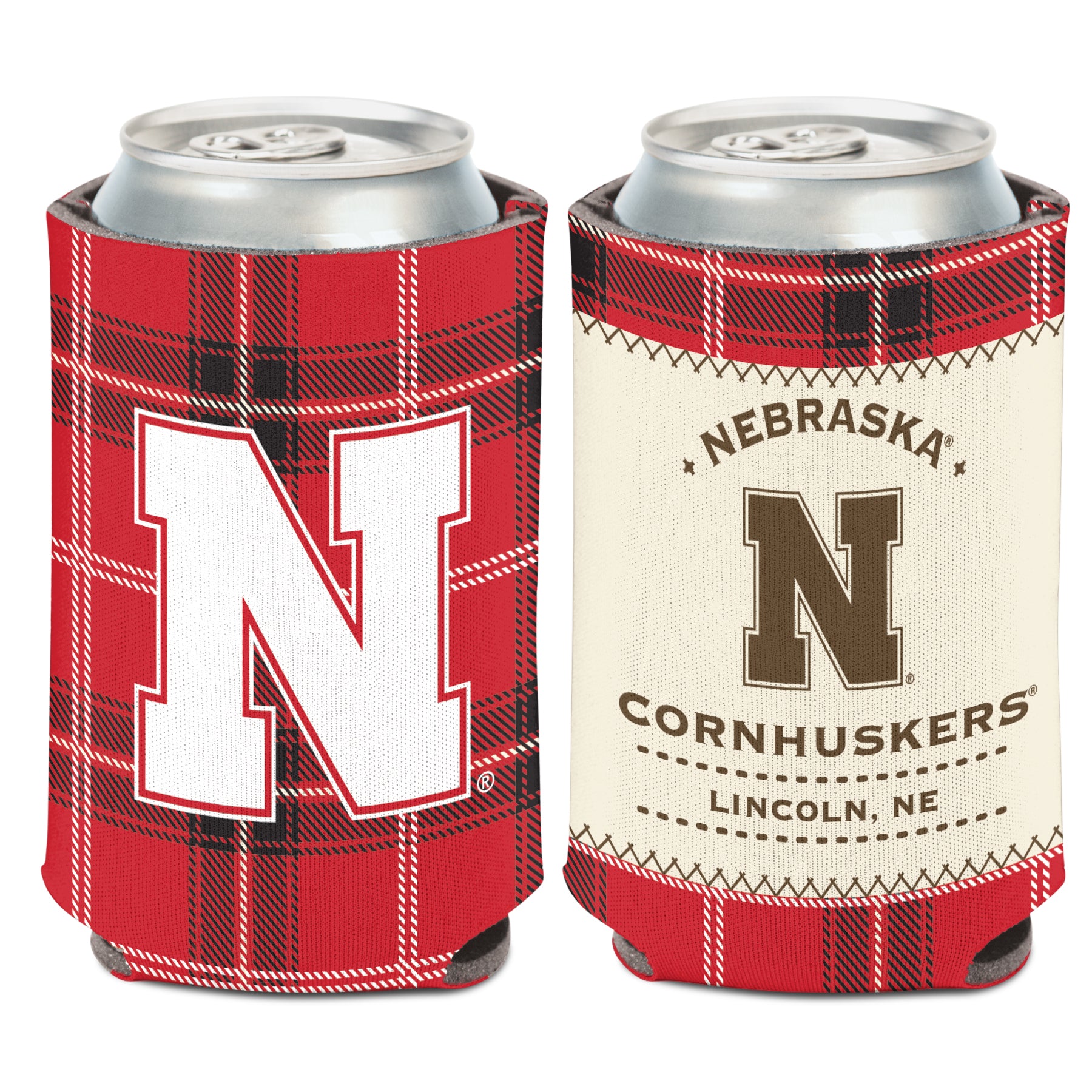 Plaid Can Koozie - Nebraska Cornhuskers