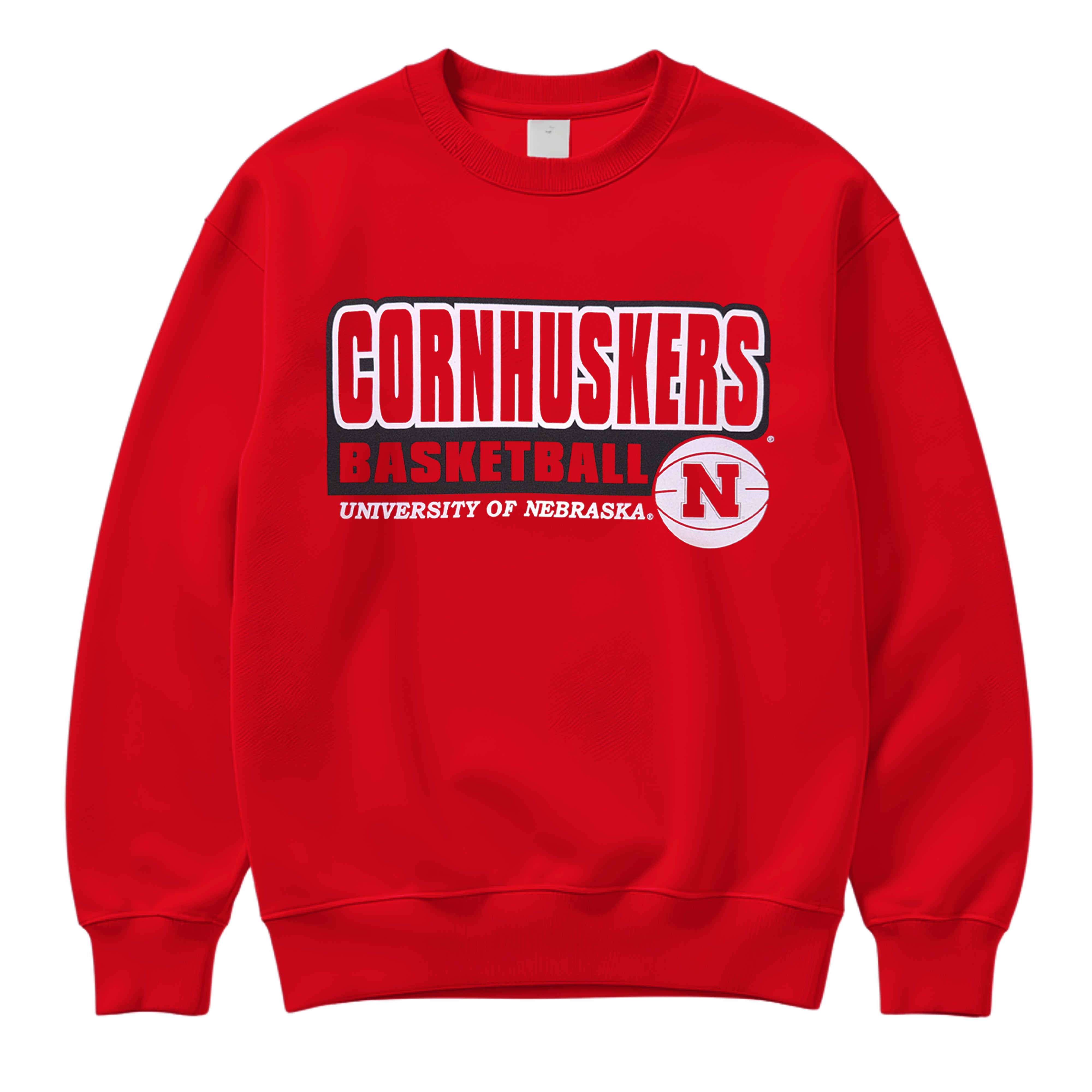 Red Basketball Outlined Wordmark Crew - Nebraska Cornhuskers