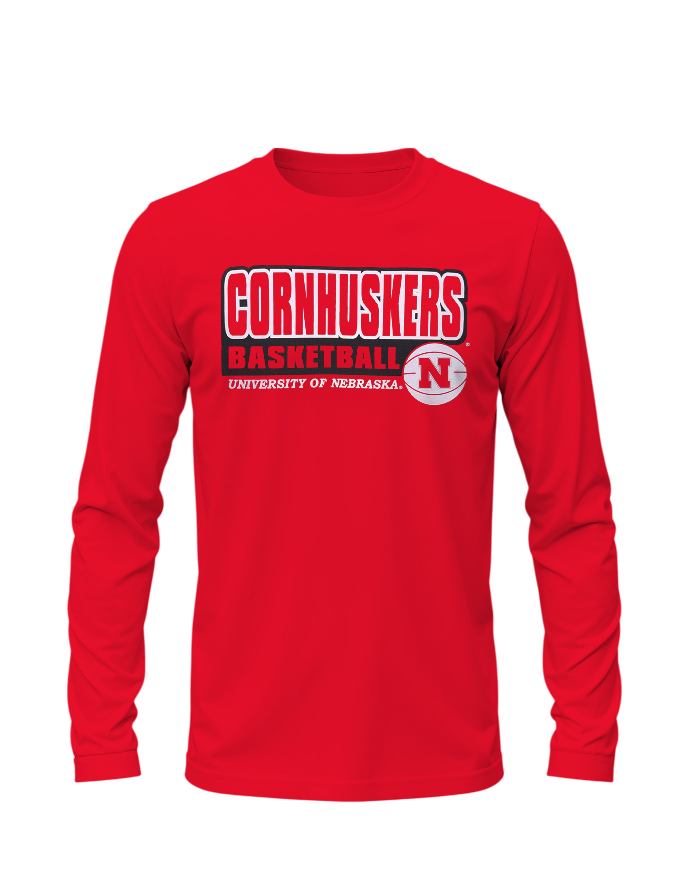 Red Basketball Outlined Wordmark Long Sleeve Tee - Nebraska Cornhuskers