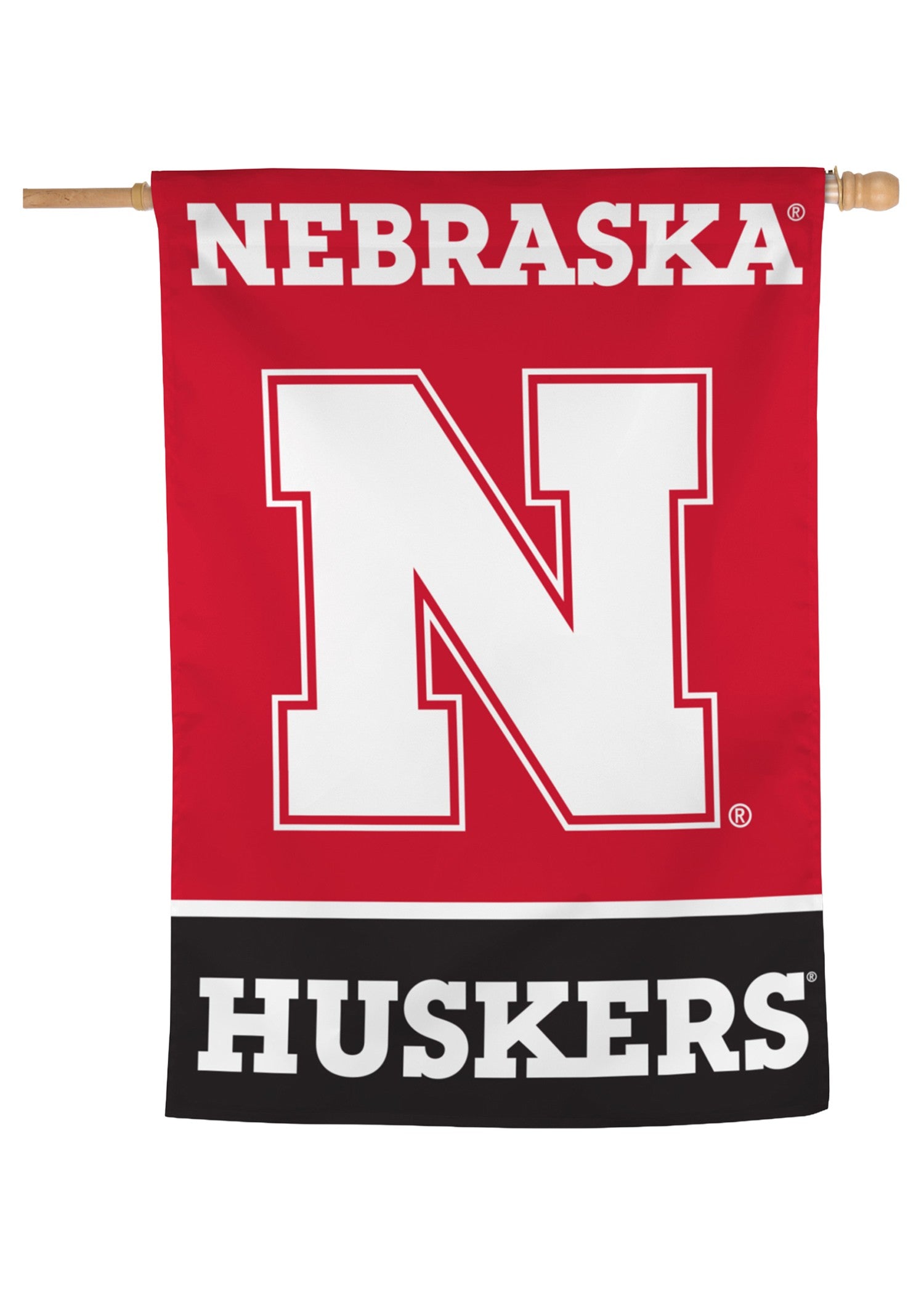 Red Nebraska Block N Black Stripe - Vertical Flag Single Sided Silk Screened 28in x 40in Nebraska Cornhuskers