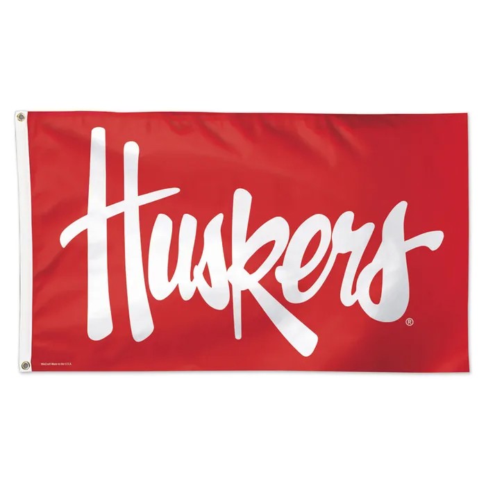 Red Script Huskers - Deluxe Flag Single Sided Silk Screened 3ft x 5ft Nebraska Cornhuskers