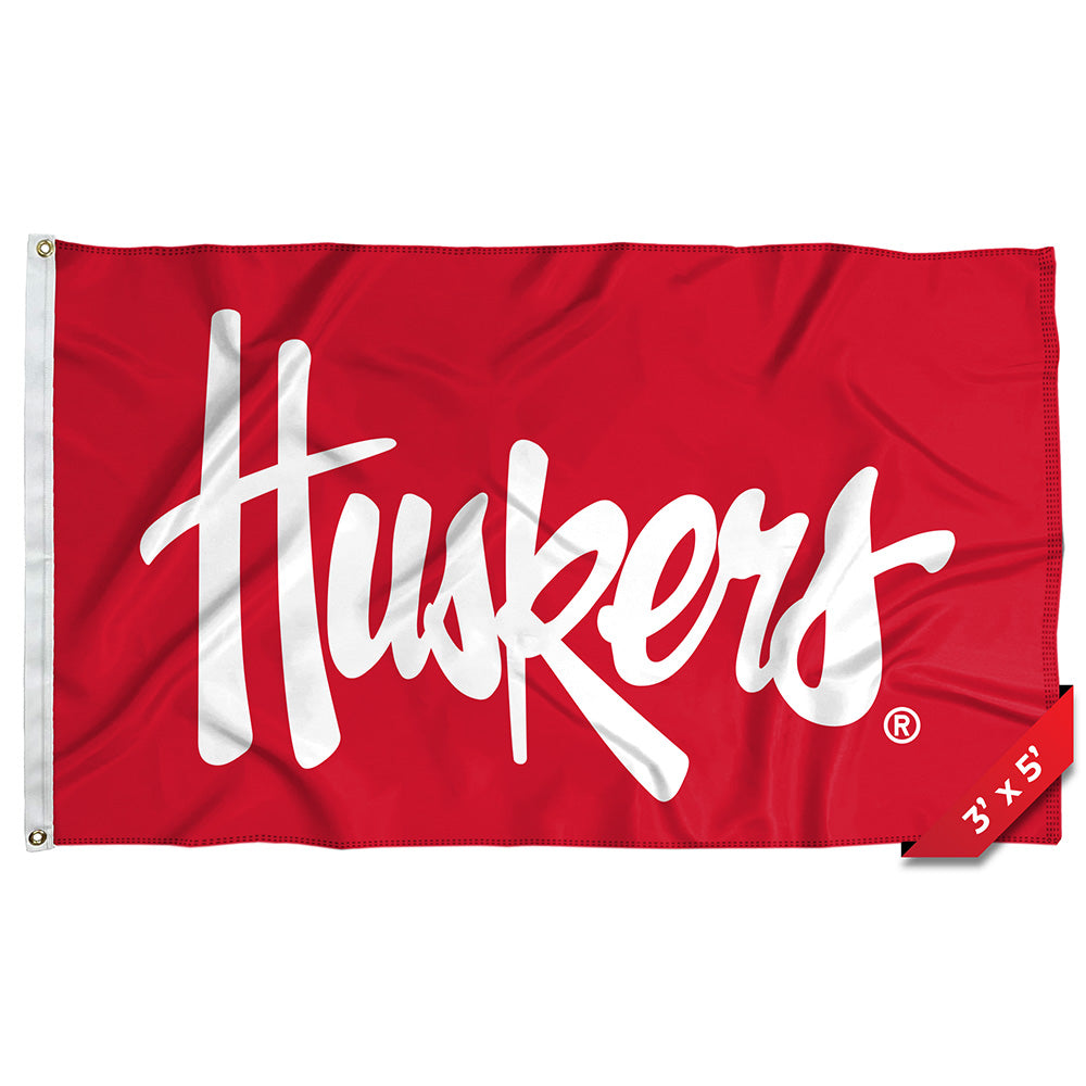 Red Script Huskers - Flag Single Sided Silk Screened 3ft x 5ft Grommet Nebraska Cornhuskers