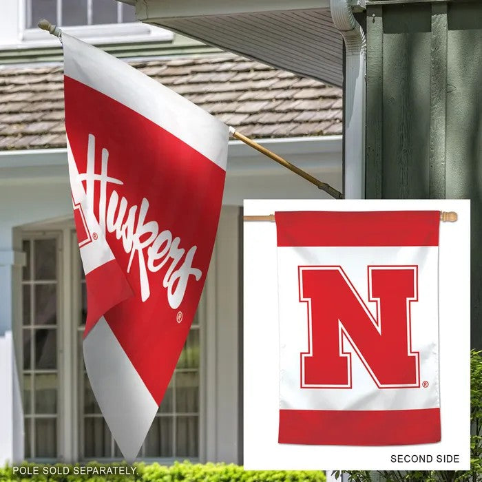 Red Script Huskers and Block N - Vertical Flag Double Sided Silk Screened 28in x 40in Nebraska Cornhuskers