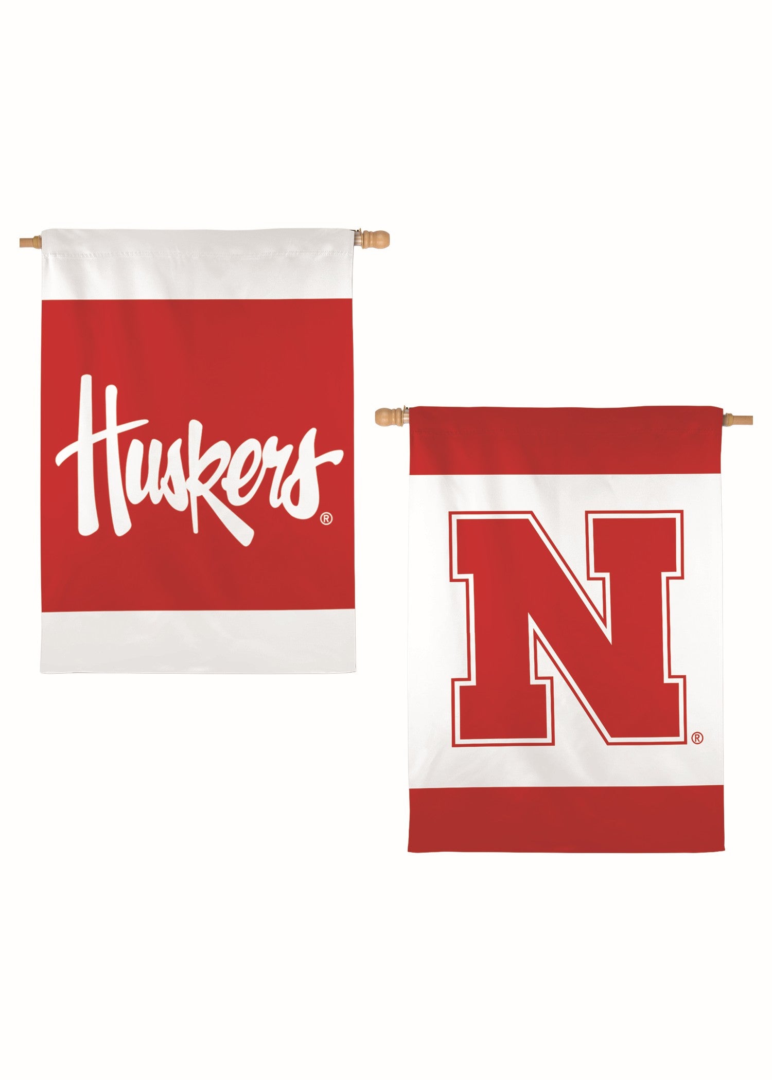 Red Script Huskers and Block N - Vertical Flag Double Sided Silk Screened 28in x 40in Nebraska Cornhuskers