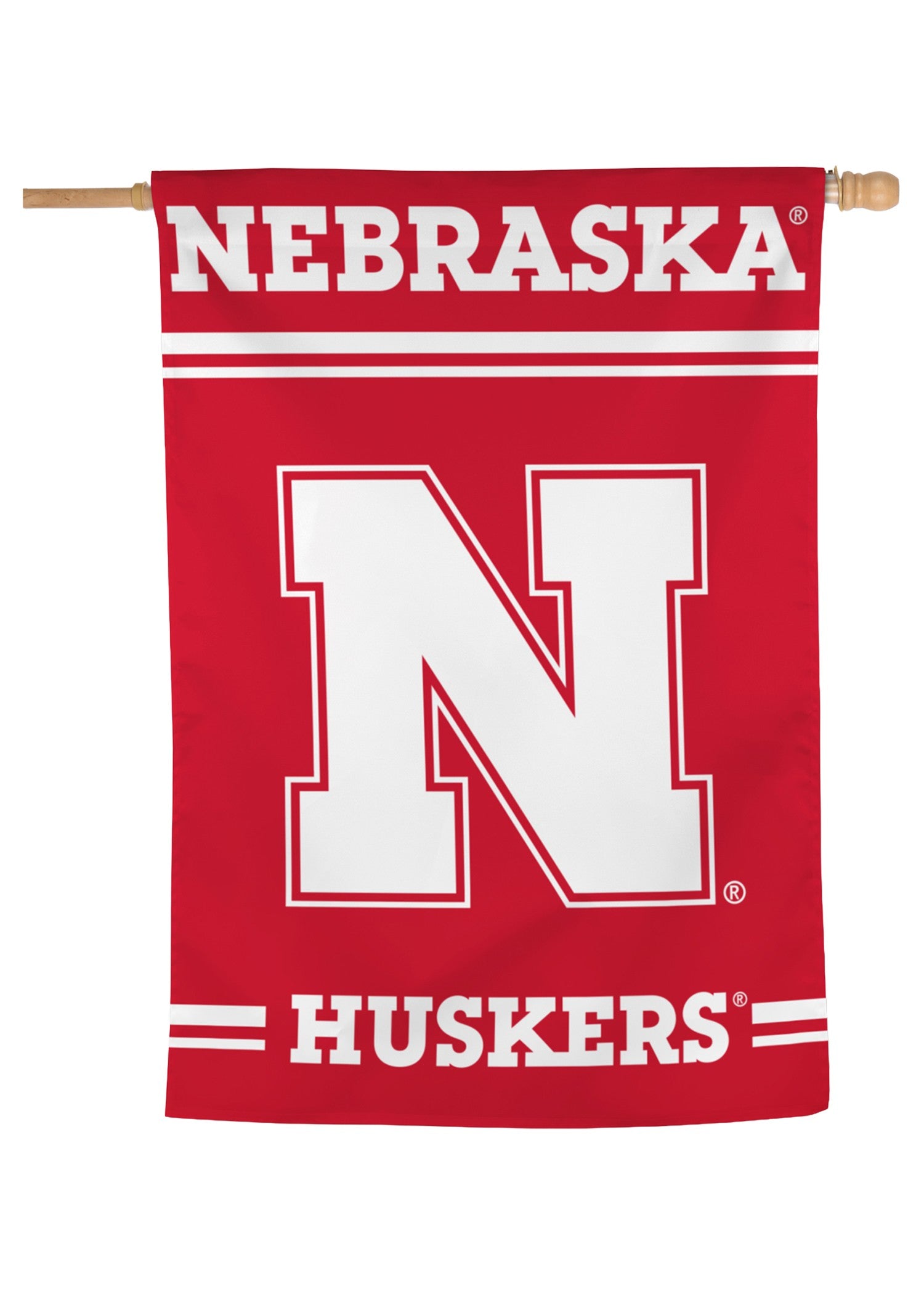 Red Striped Block N - Vertical Flag Single Sided Silk Screened 28in x 40in Nebraska Cornhuskers