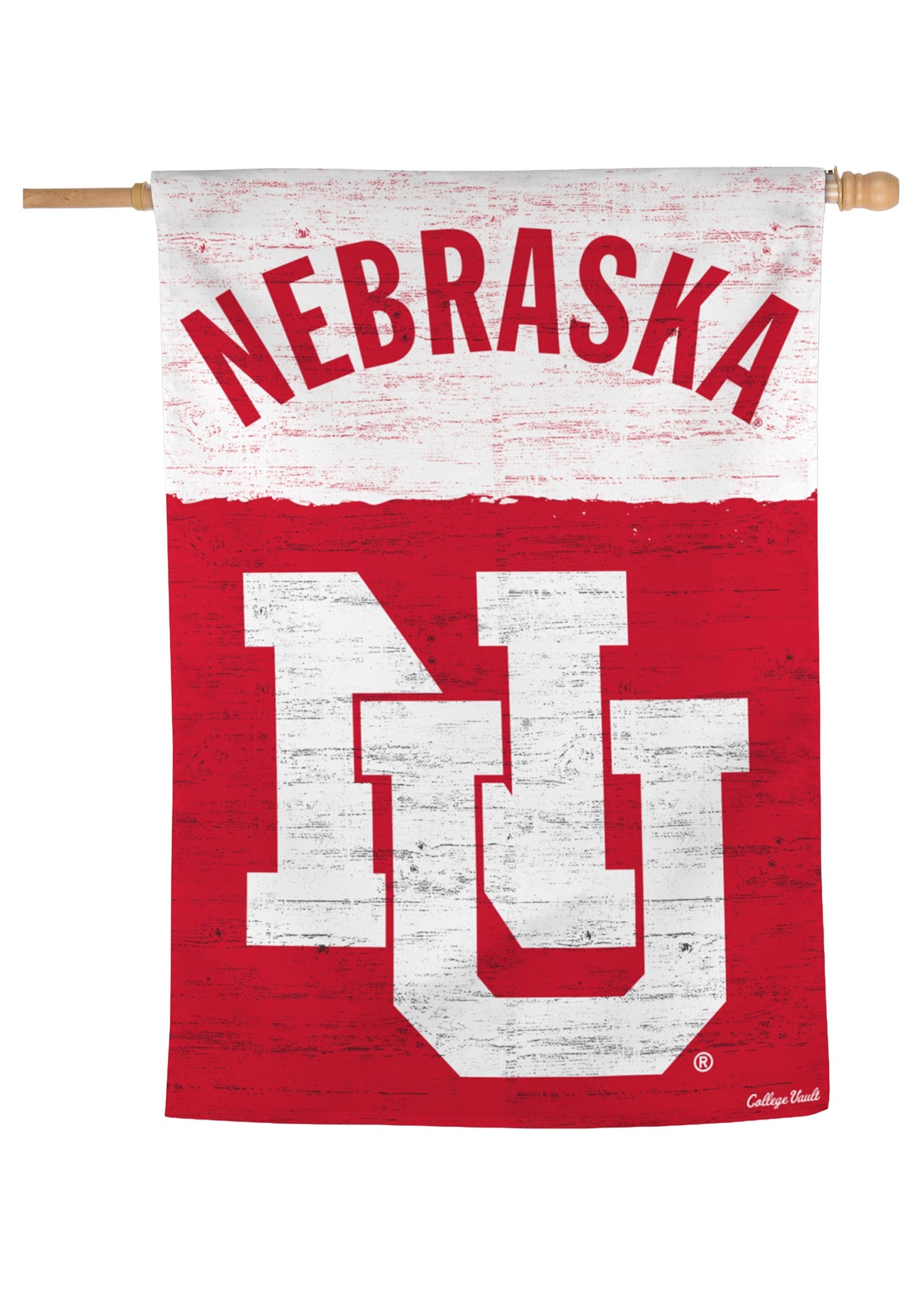 Red White Weathered NU - Vertical Flag Single Sided Silk Screened 28in x 40in Nebraska Cornhuskers