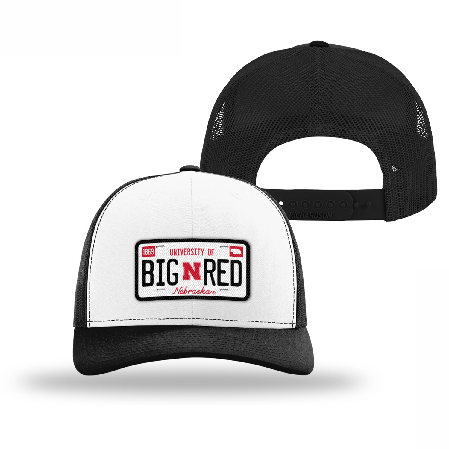 Roadtrip Trucker Collection 112 Black and White License Plate Hat, Snapback, Curved Bill - Nebraska Cornhuskers