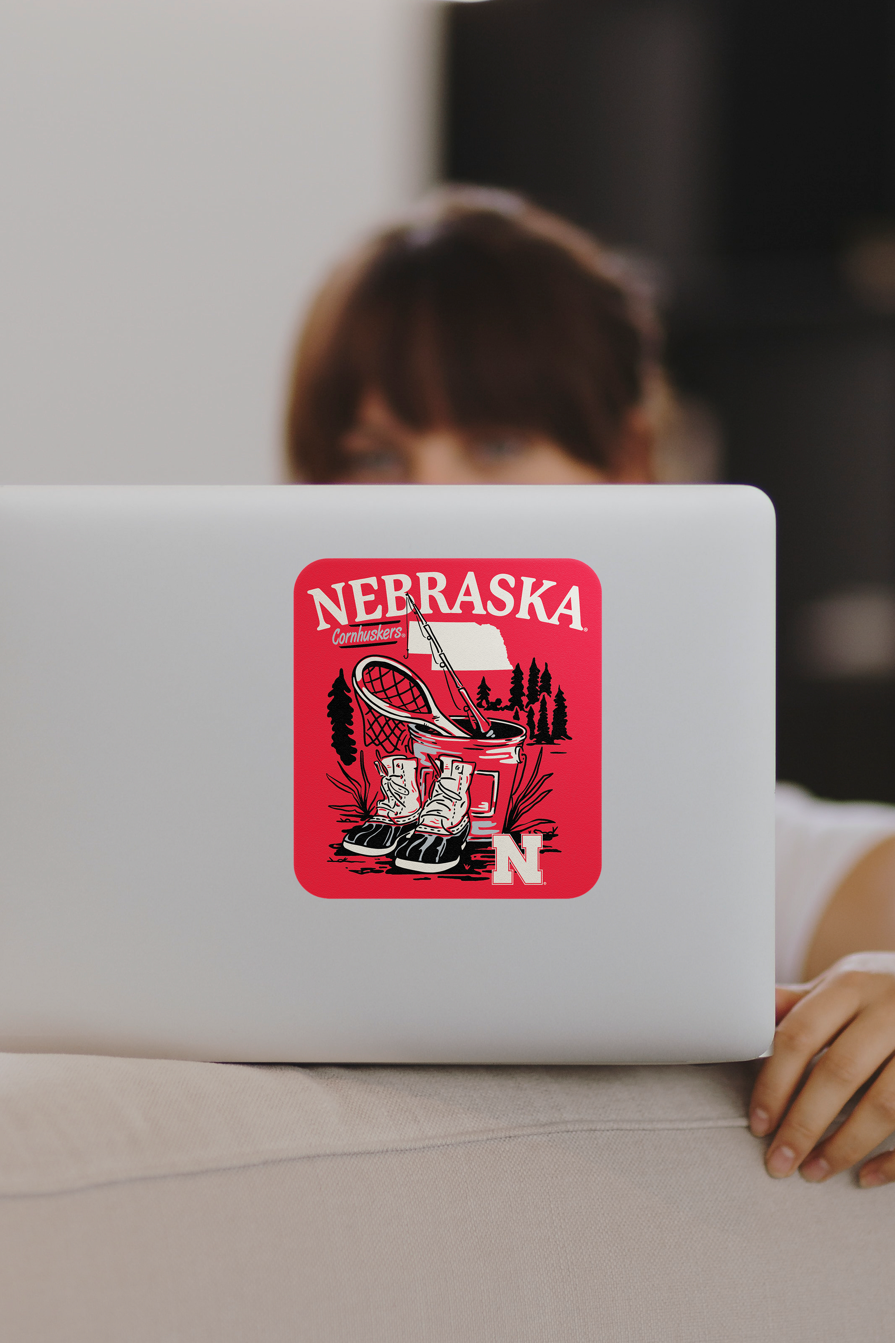 Rugged Fishing Net Sticker - Large - Nebraska Cornhuskers