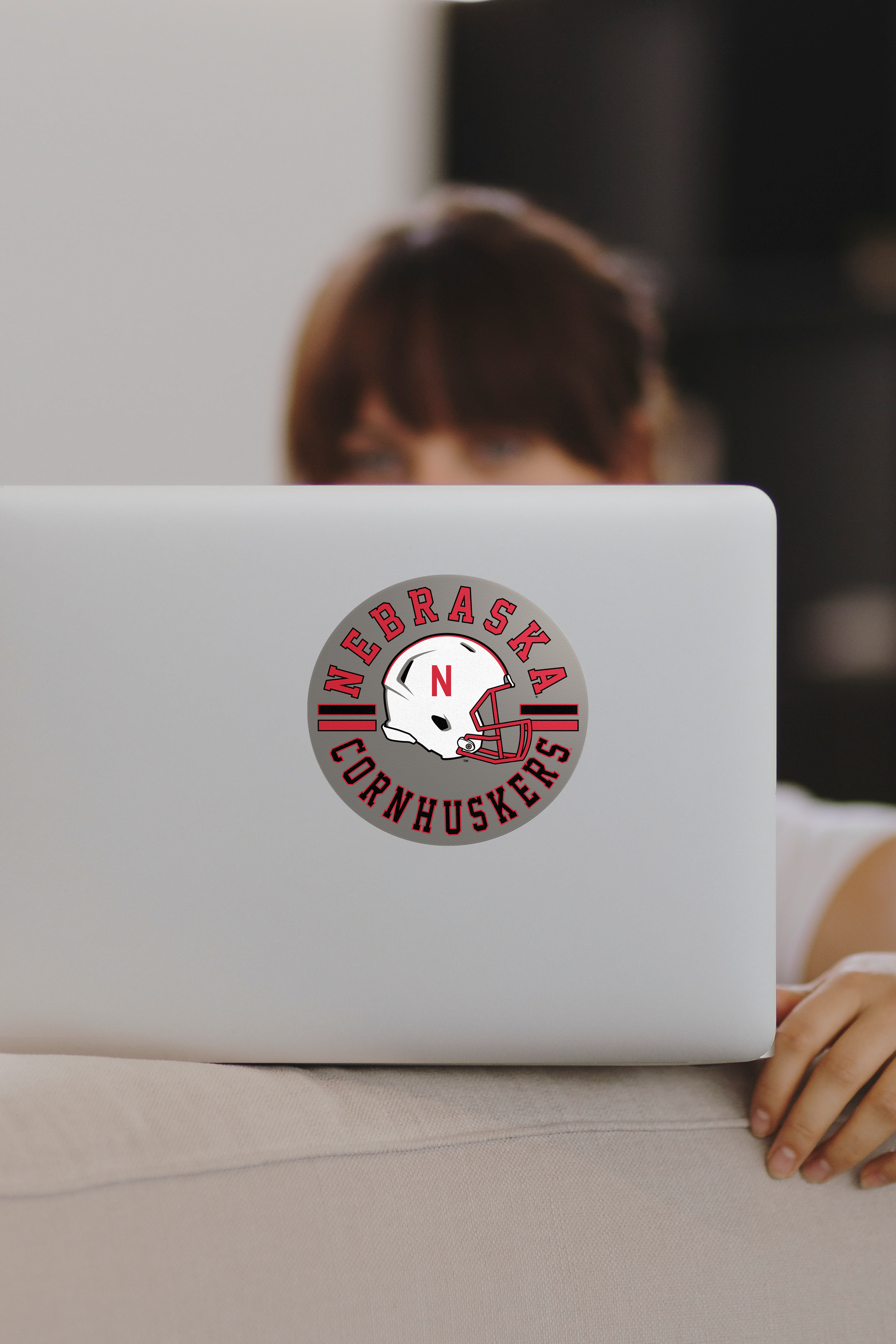Rugged Grey Helmet Circle Sticker - Medium - Nebraska Cornhuskers