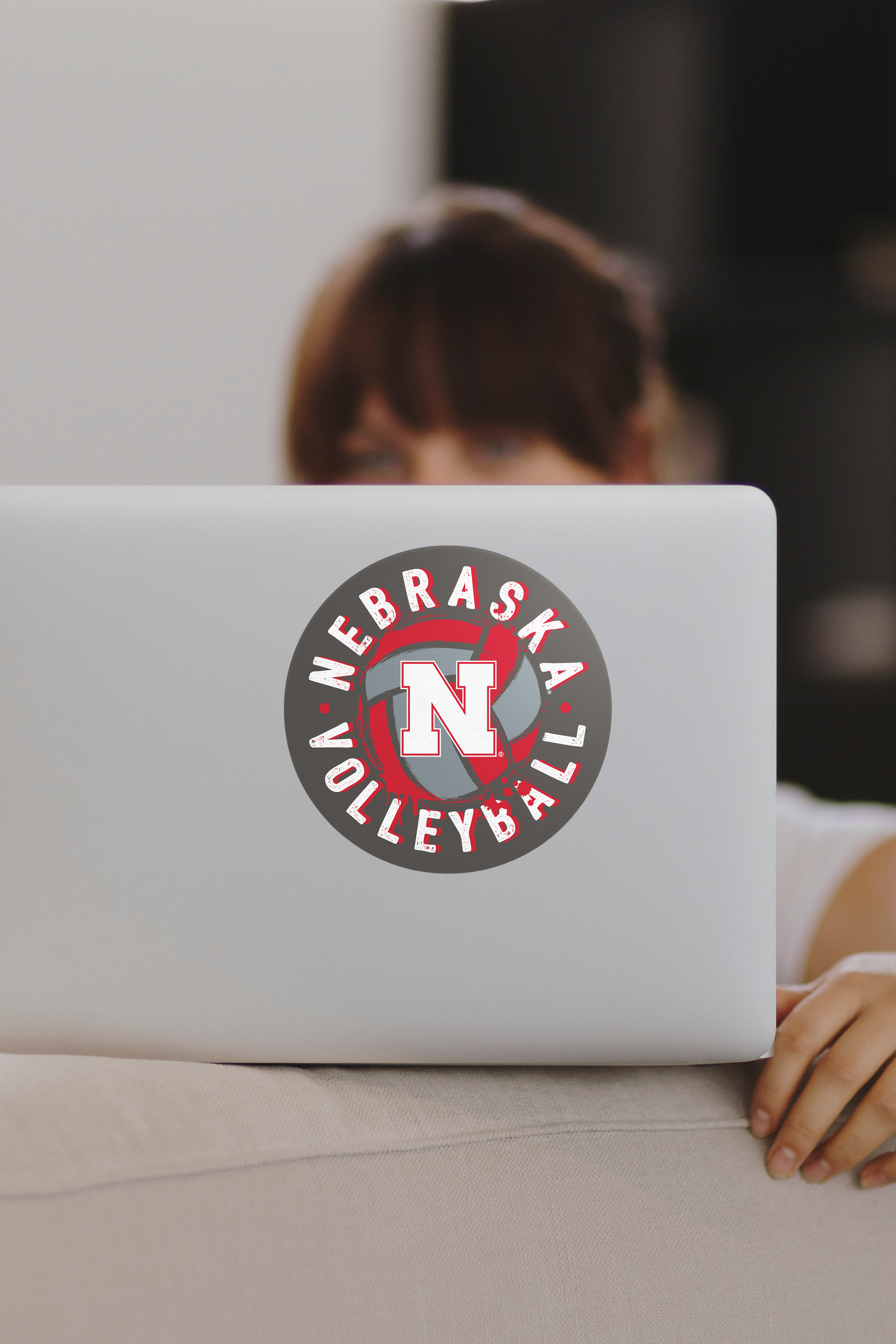 Rugged Grey Volleyball Circle Sticker - Large - Nebraska Cornhuskers