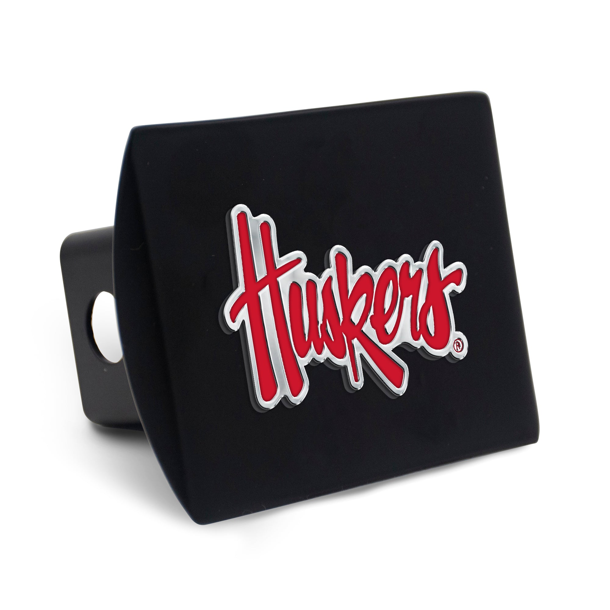 Script Huskers Red on Black Hitch Cover  - Nebraska Cornhuskers