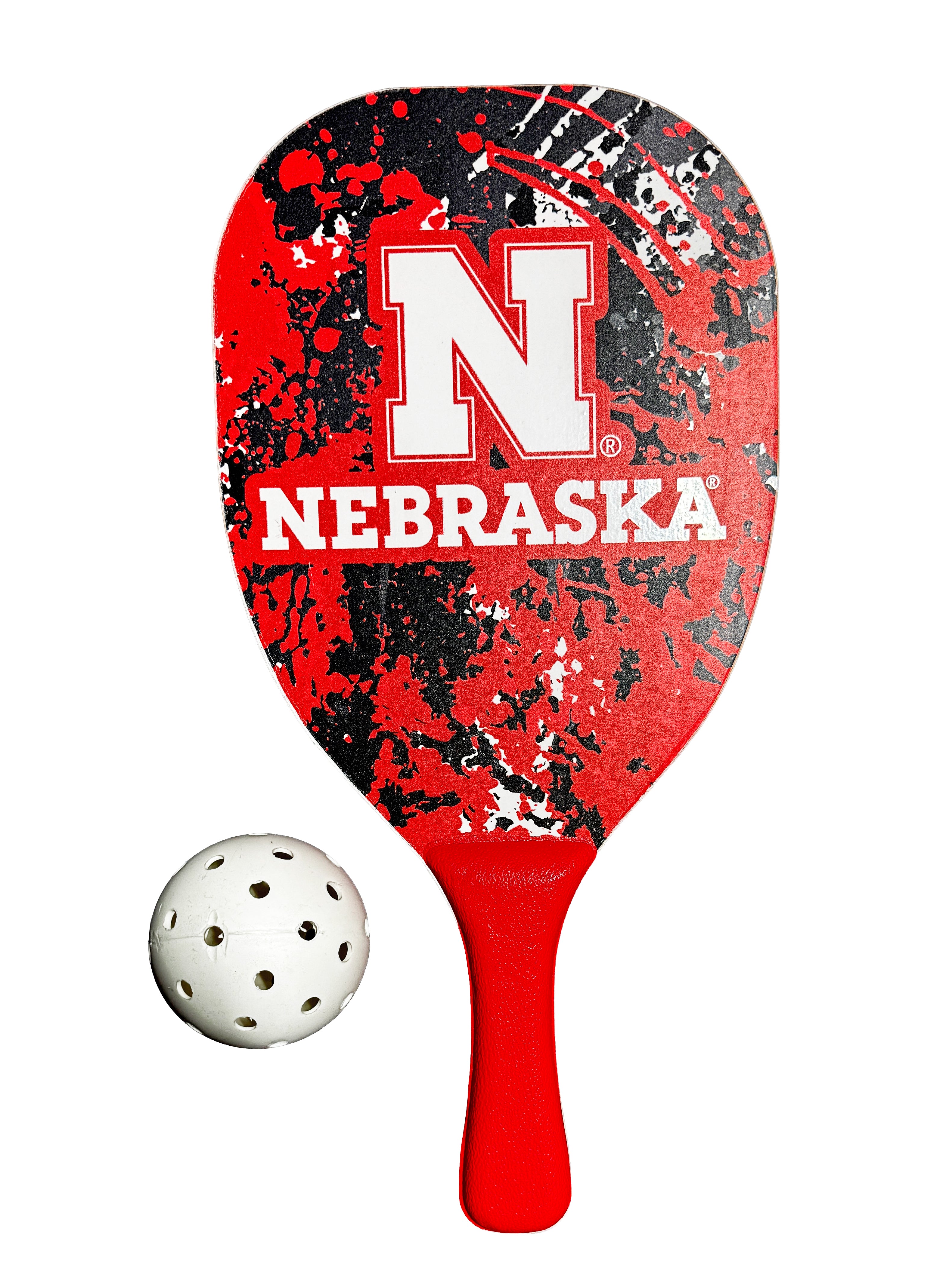 Splatter Red and Black Block N Nebraska Pickleball Paddle and Ball - Nebraska Cornhuskers