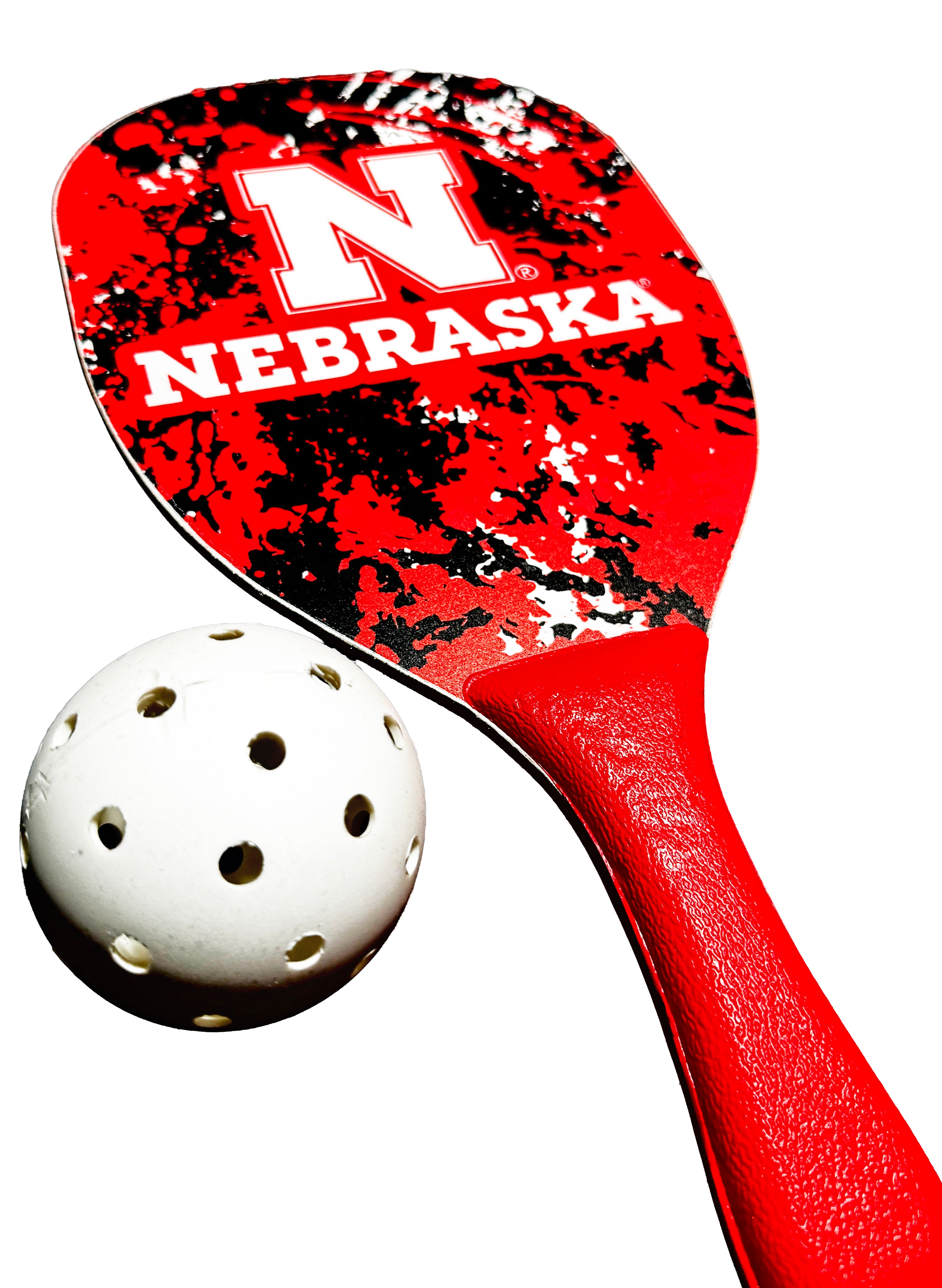 Splatter Red and Black Block N Nebraska Pickleball Paddle and Ball - Nebraska Cornhuskers