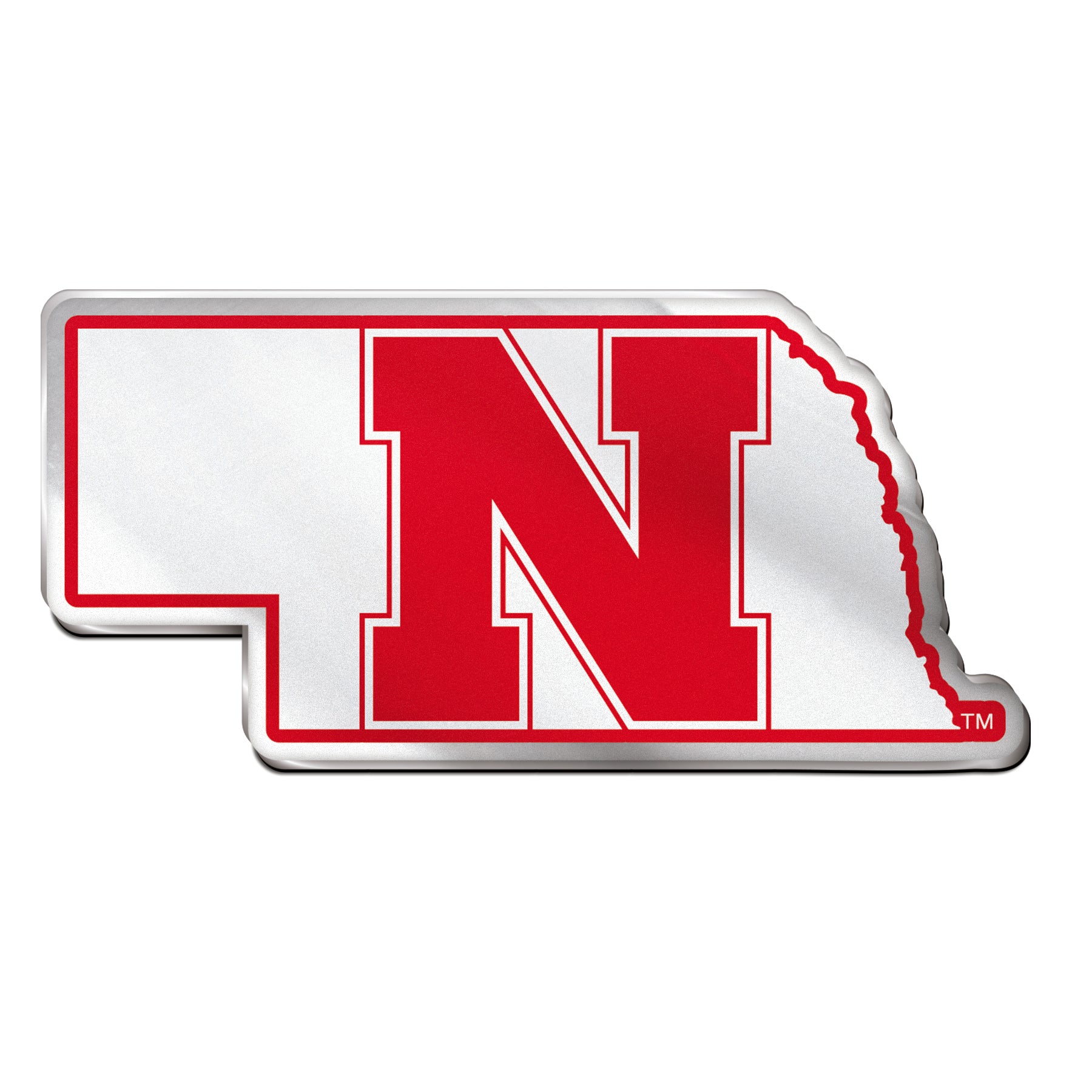 State Outline White Acrylic-Metallic Auto Emblem  - Nebraska Cornhuskers