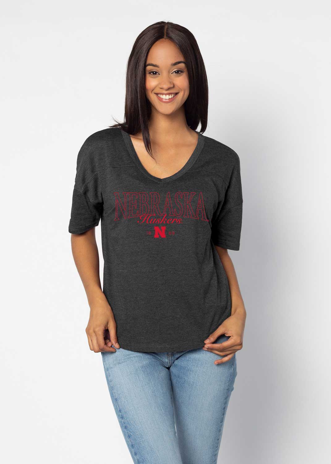 V-Happy Jersey, Fine Line on Black - Nebraska Cornhuskers