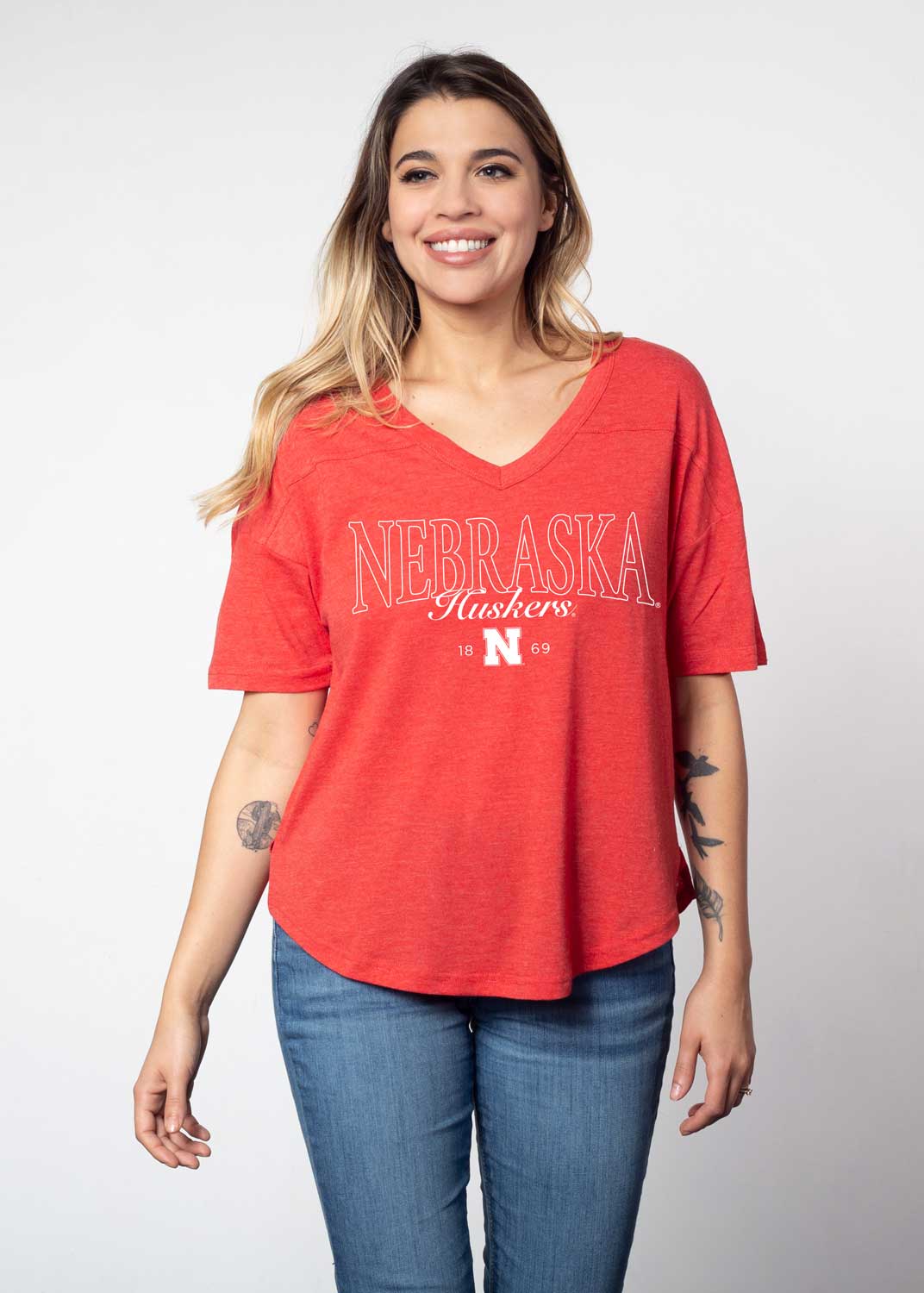 V-Happy Jersey, Fine Line on Red - Nebraska Cornhuskers
