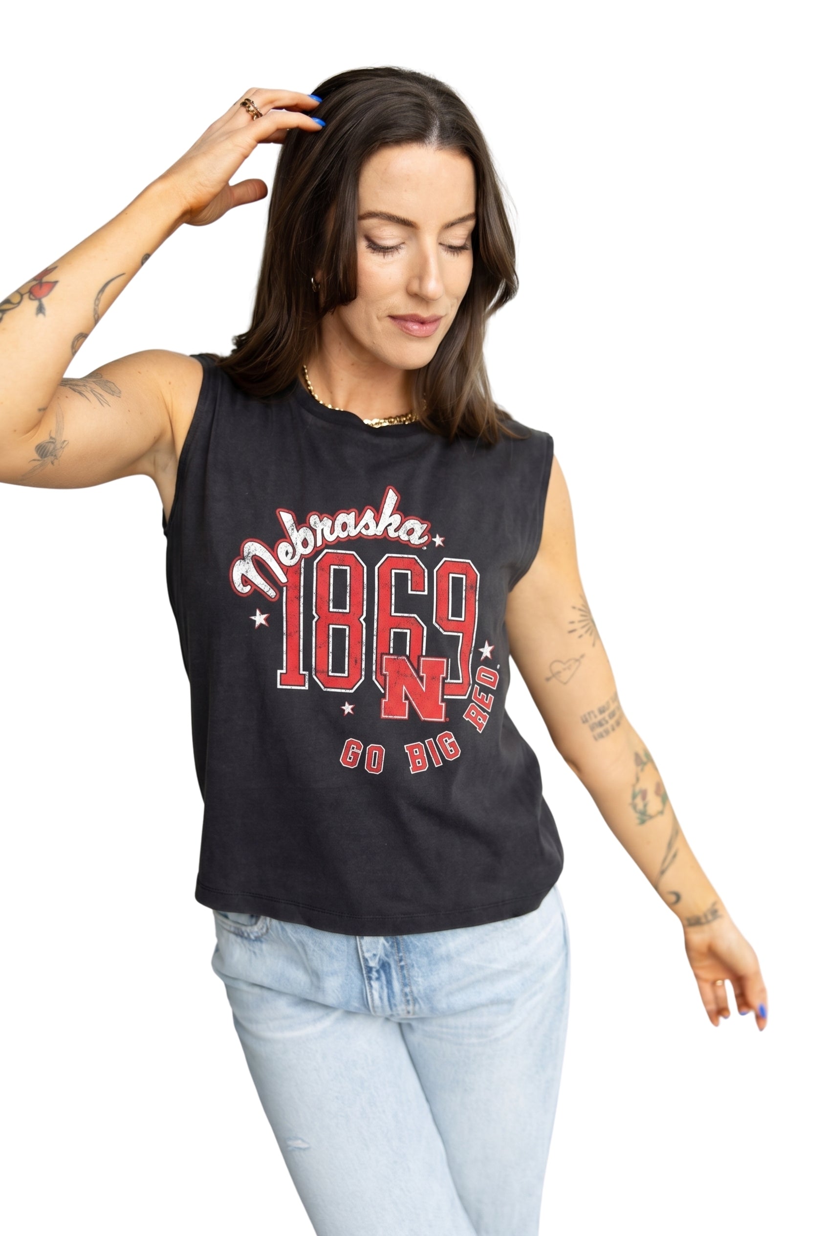 Washed Black Mid-Crop Top Tier Jersey Tank - Nebraska Cornhuskers