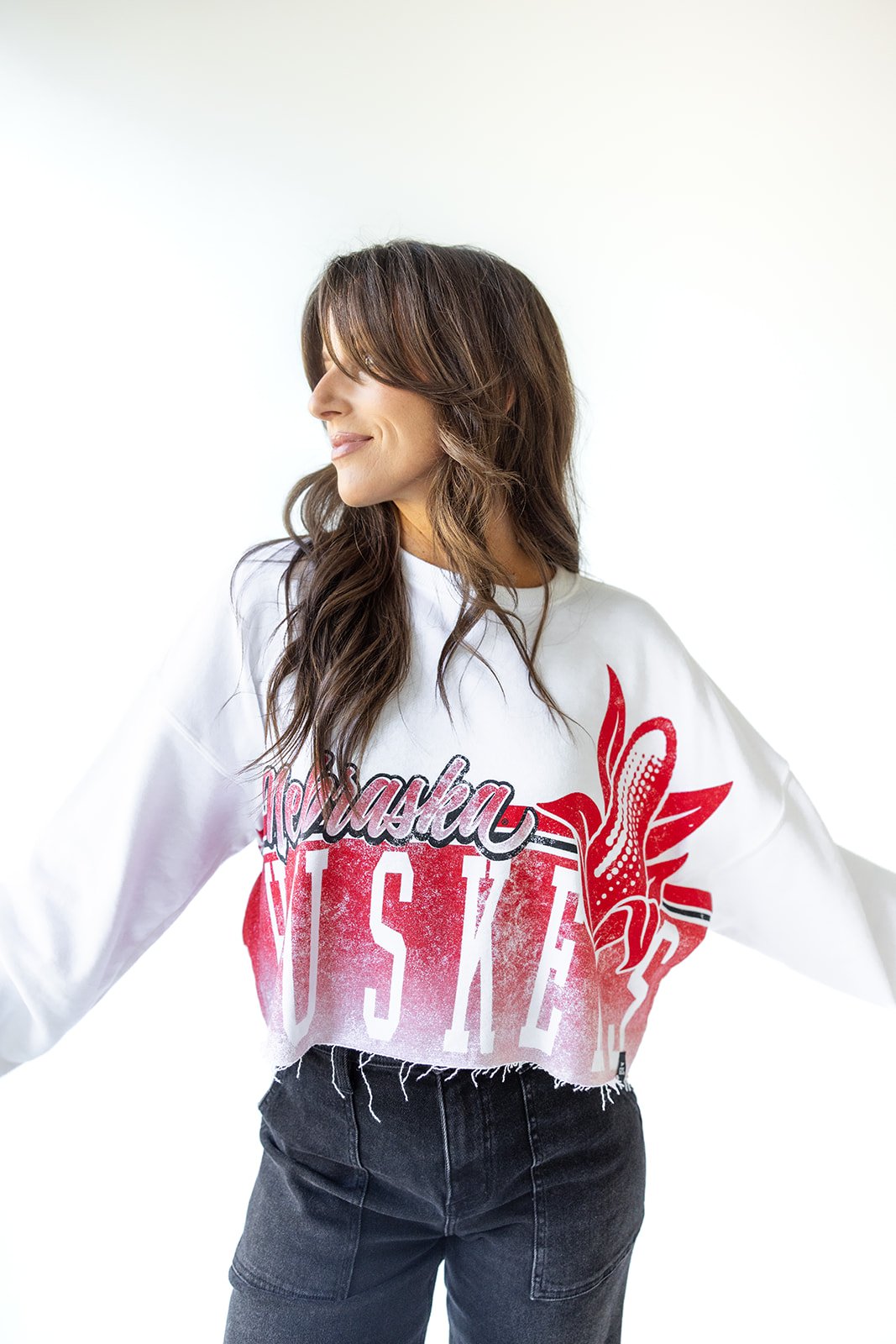 White Conway Cropped Long Sleeve - Nebraska Cornhuskers