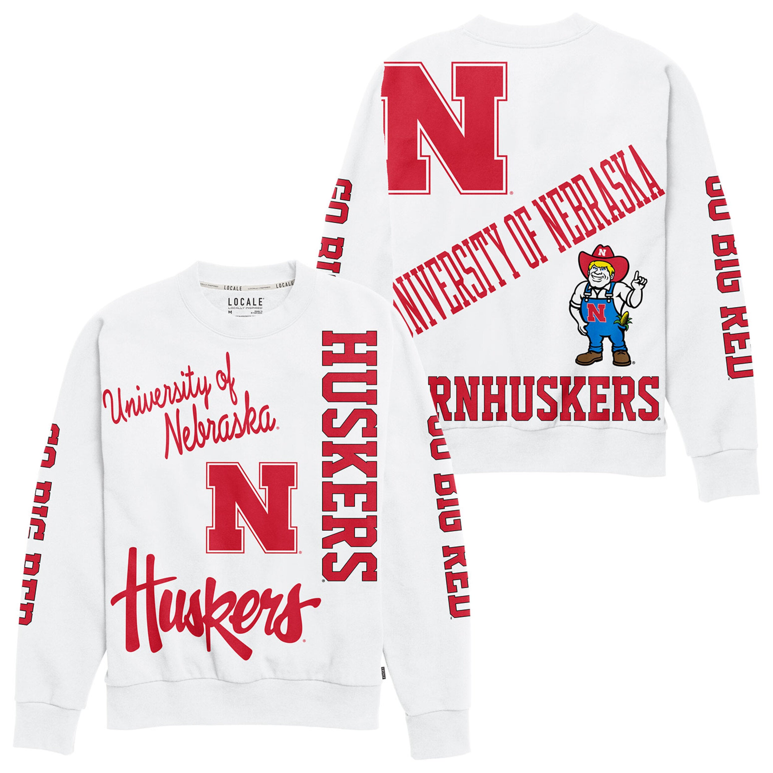 White Crewneck Sweatshirt with Patchwork Design - Nebraska Cornhuskers